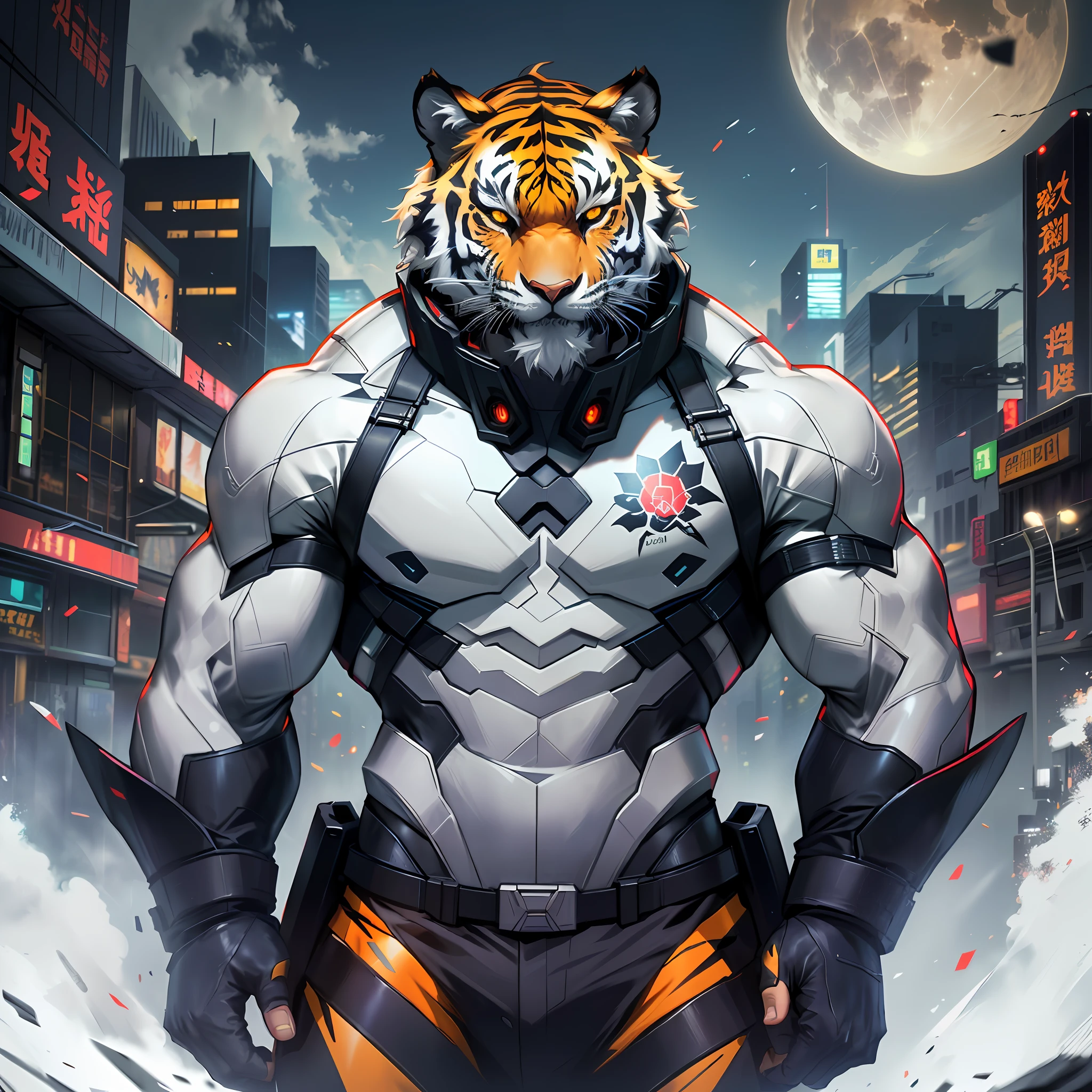 Batman Tiger in futuristic suit standing in the middle of the city, Badass anime 8 K, Tiger_beast, Anthropomorphic tiger, Add a flame burning effect to the eyes,Muscular! Cyberpunk, Digital cyberpunk anime art, advanced digital anime art ”, trending on artstation pixiv, [ trending on CGSociety ]!!, style of anime4 K, trending on artstation 4k, digitl cyberpunk - anime art