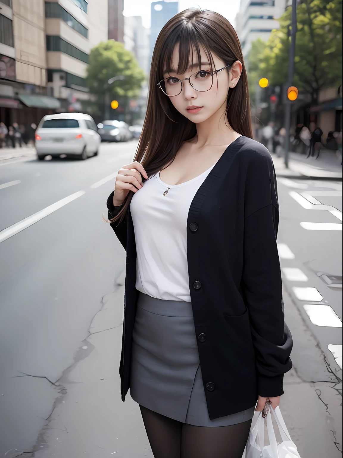 (8K、Raw photography、top-quality、masterpiece:1.2),Black jacke,Black skirt,OL,Black pantyhose,absurderes,a small face,small tits,flat breast,Parting the bangs from the middle、Forehead visible,(Tight eyes,Bullish,skinny,Rasping,irate)、masterpiece,top-quality、超A high resolution,Raw photo,ren,Beautiful fece,One Person, 独奏,eye glass,,Dark look,Small breasts,fullllbody,Round glasses、cute little、A Japanese Lady,is standing,(Tight eyes,Bullish,skinny,Rasping,irate,small tits,flat breast)、(Photorealsitic:1.37)、Photon mapping,Realistic、Cute little face,Brown-eyed、Black socks,Radio City、Physically Based Rendering、Foreground、depth of fields、Blurry background、a picture,The girls、Body, Long legs, Thin leg,poneyTail,(Bangs are visible), hair,nosesoft, Knees are visible,Sheer clothing,, Thigh, Black cotton socks,Nogizaka Idol, 女優, Japanese ido