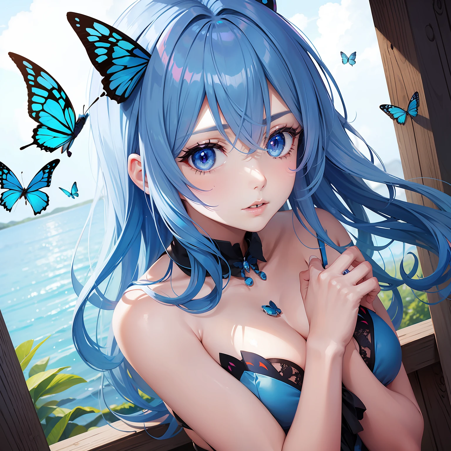 a women, blue butterfly, blue hair, pink eyes, blue dress