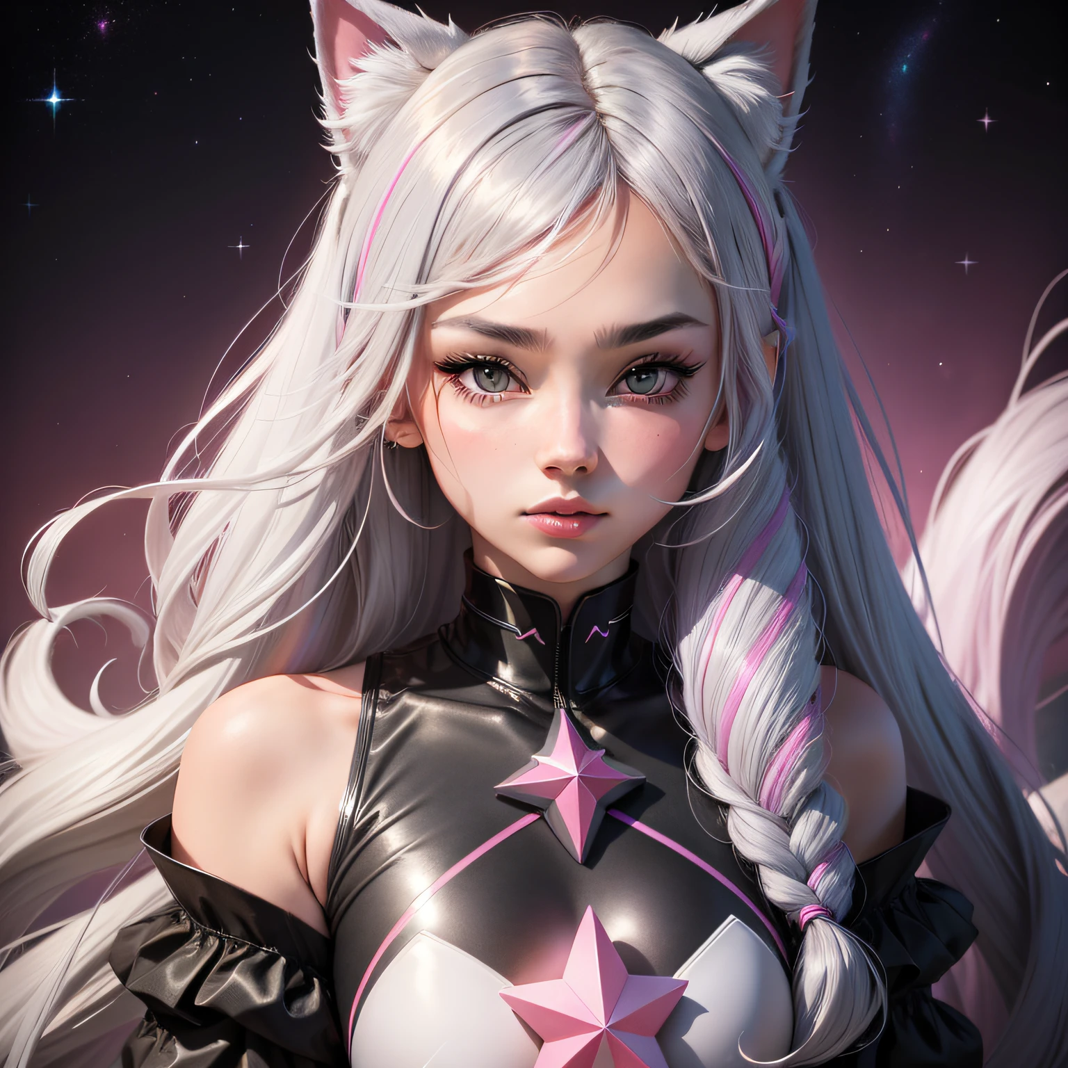 Black gray gradient hair girl,Starguard style,Pink cat,starryskybackground,Fibonacci,spectrum,The court is gorgeous,8K high-definition