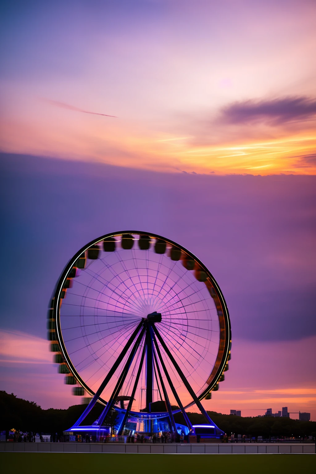 dvArchModern, 85mm, f1.8, portrait, photographrealistic, Hyper-realistic, orante, ultra-detailliert, iintricate, dramatics, Sunset lighting, shadowing, HighDynamicRange,high-class,uncanny,Purple sky,with people coming and going,he Ferris wheel