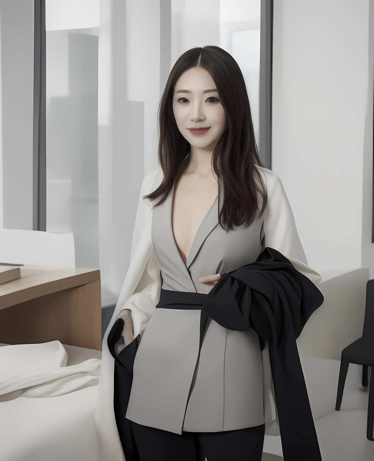 ((best qualtiy,realisticlying,8K HD,tmasterpiece:1.3)),focal:1.5,perfect bodies:1.3,(Short ponytail straight hair,Vertically smooth hair,A detailed:1.3)),((wetclothes:1.1),White high-end brand fashion suit suit:1.3,(detailed outfits:1.3),(delicate stiletto heels crystal band sandals,high high quality:1.2)), Highly Detailed Face and Skin Textur, Fine Eye,二重まぶた,realistic pupil,skin lightening,Beautiful face,Swollen eyes,Healing is a smile,(female focus,Waist focus,close focus,hdr shot,20yr old,Raised breasts,no-bra,the areola is visible,With a petite figure,Slim:1.3,slenderlegs:1.3,beautiful night scene,Luxury office,floor to ceiling window,Long table,Double bed,Cocked buttocks:0.6,Playful and coquettish beautiful pose(full bodyesbian:1.8))