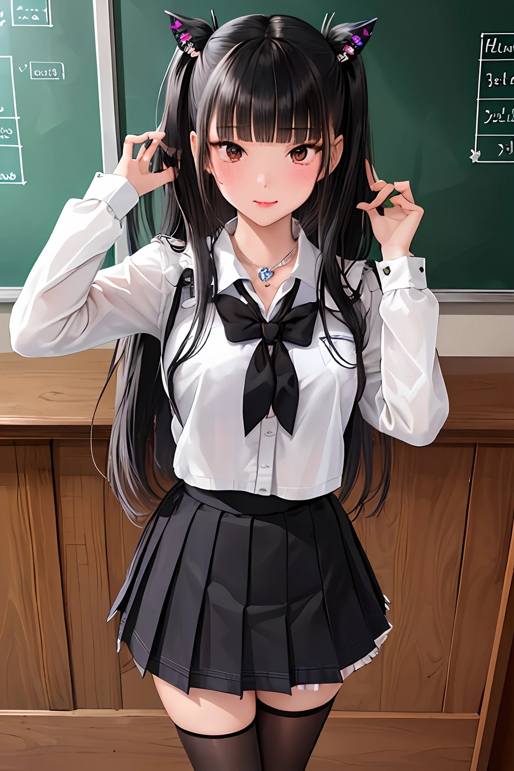 masterpieces,best quality,1girl,long hair,black hair,blunt bangs,sidelocks,school uniform,collar,short frills skirt,cowboy shot:p,tsundere,(tareme:1.2),hair ornament,shoes,classroom, chalkboard,