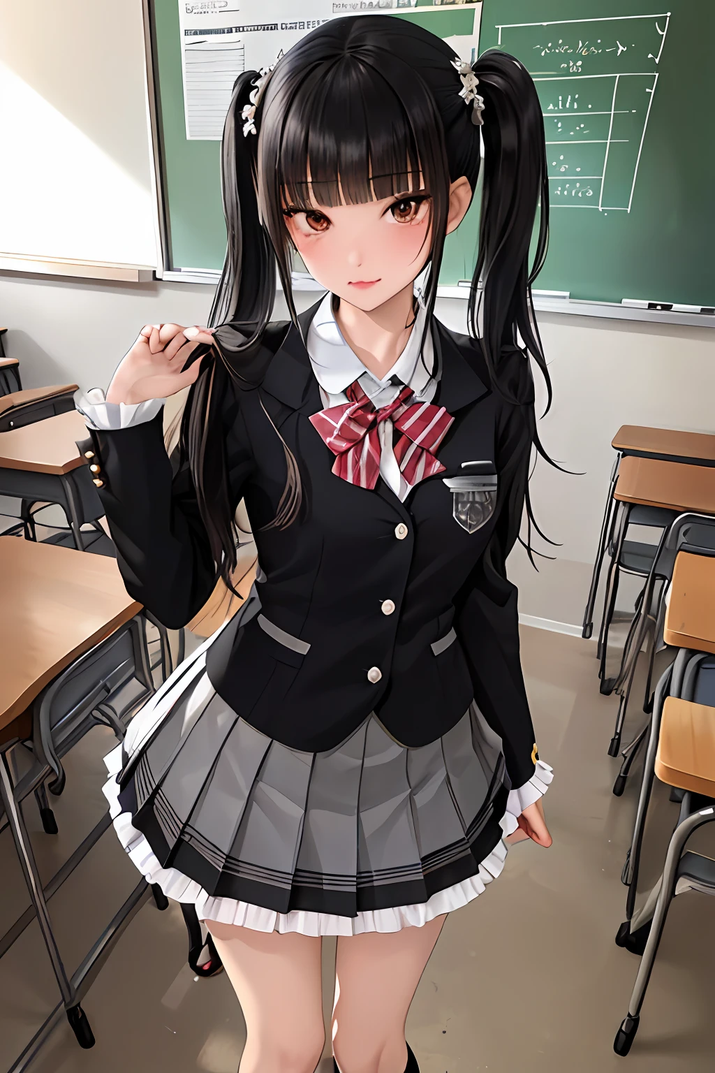 masterpieces,best quality,1girl,long hair,black hair,blunt bangs,sidelocks,school uniform,collar,short frills skirt,cowboy shot:p,tsundere,(tareme:1.2),hair ornament,shoes,classroom, chalkboard,