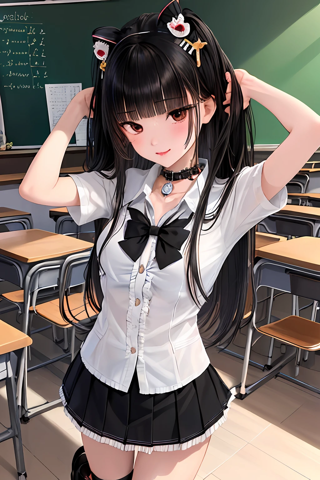 masterpieces,best quality,1girl,long hair,black hair,blunt bangs,sidelocks,school uniform,collar,short frills skirt,cowboy shot:p,tsundere,(tareme:1.2),hair ornament,shoes,classroom, chalkboard,