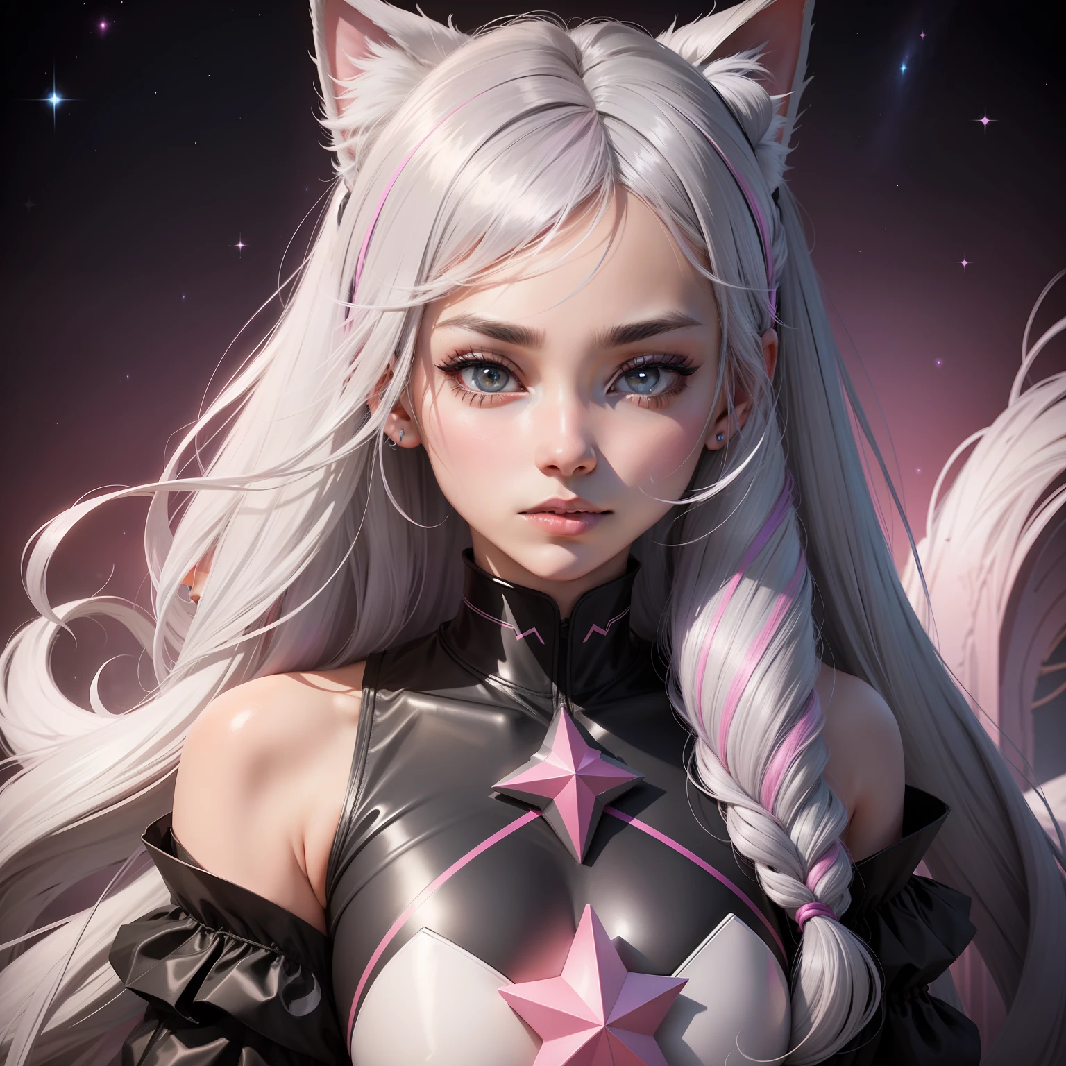 Black gray gradient hair girl,Starguard style,Pink cat,starryskybackground,Fibonacci,spectrum,The court is gorgeous,8K high-definition