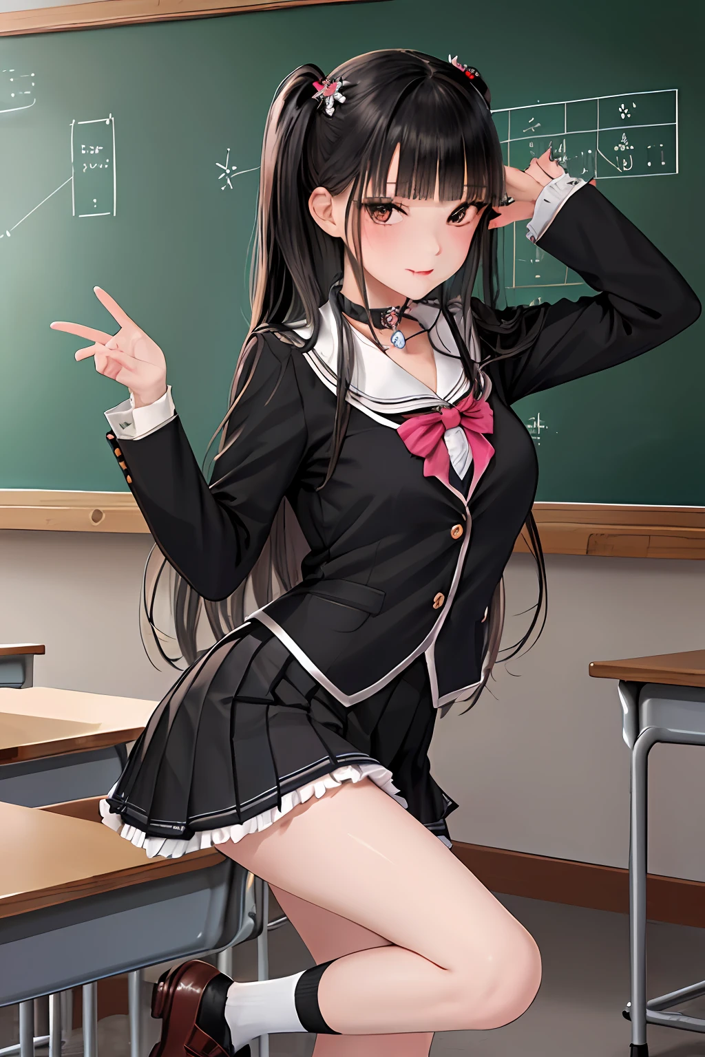 masterpieces,best quality,1girl,long hair,black hair,blunt bangs,sidelocks,school uniform,collar,short frills skirt,cowboy shot:p,tsundere,(tareme:1.2),hair ornament,shoes,classroom, chalkboard,