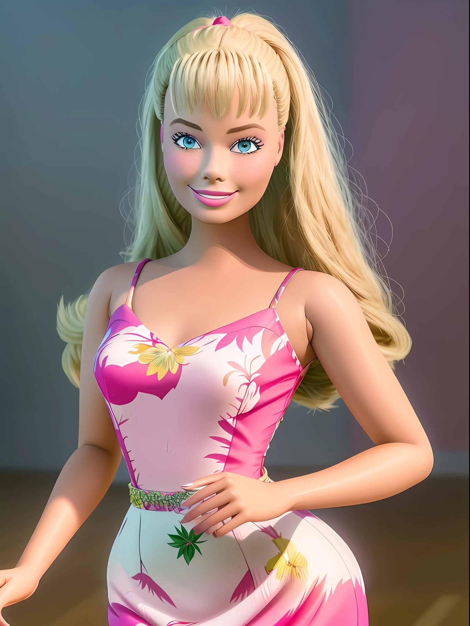 (masterpiece, best quality), highres, (8k, RAW photo, highest quality), (Margot Robbie como Barbie), (Margot Robbie face:1.2), Margot Robbie, (blonde hair) , ultra-realistic, 3d, centered, (TS_Barbie), mid shot, (full body:1.2), a cartoon girl in PINK dress in the style of pixar, (perfect lighting and composition:1),soft lighting, (high detail, 8K resolution:1), hdr:0.7, detailed face, perfect, (dynamic), pose, (high quality:1.2), plastic skin, ((shiny:1.3)), smile, (depth of field:0.8), 50mm, film grain:0.7, fujifilmXT3, focus face, (sad:1.2), looking at viewer, detailed eyes, detailed face, floating particles, beautiful, light makeup, lipstick, (thick waist and thighs:0.6), amazing composition