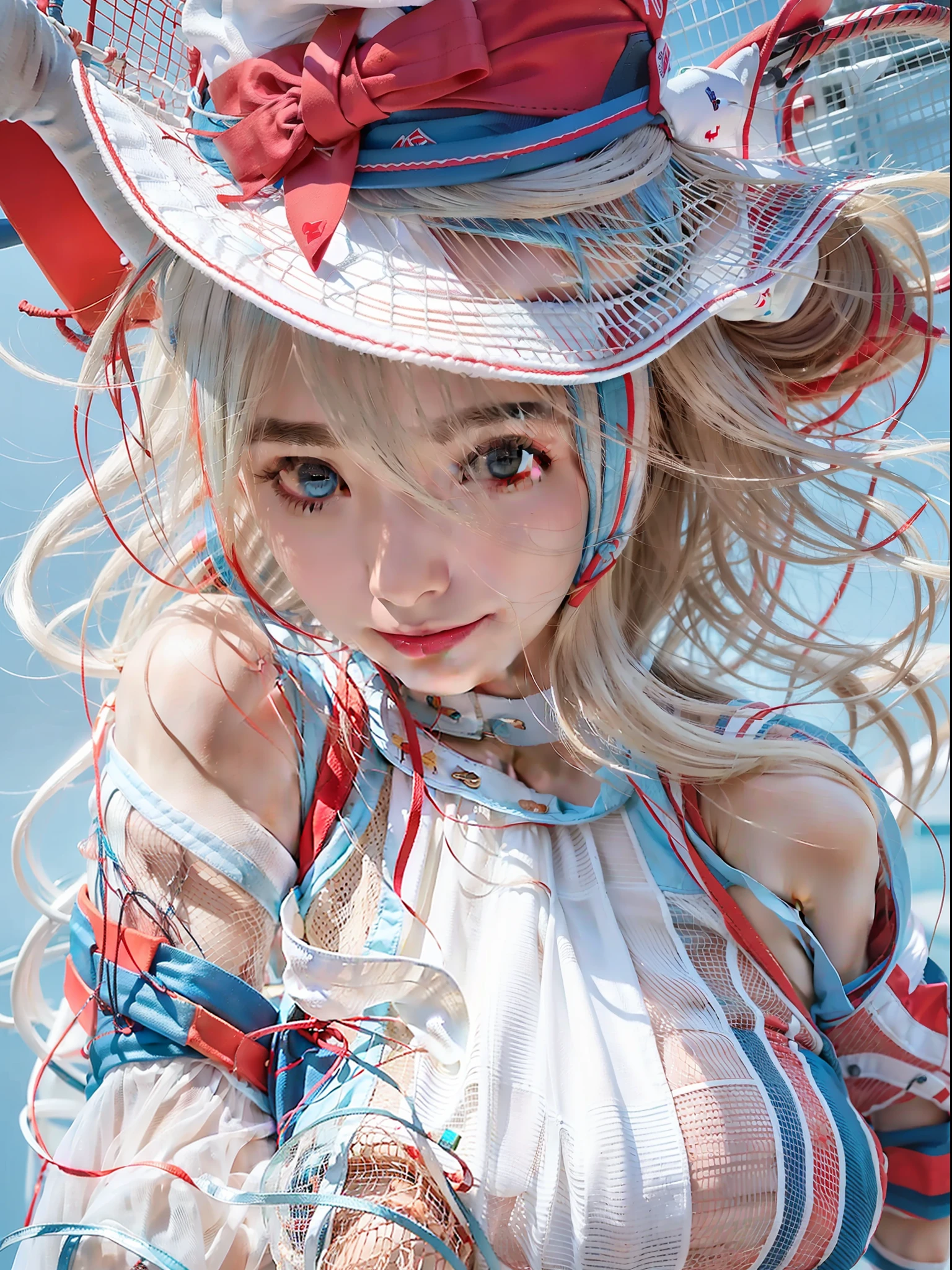 A girl，独奏，Light blue shirt，Tennis hats，Delicate wavy long hair，Red with blue eyes，White stockings sheer，tmasterpiece，hoang lap，Skin texture，The diagonal faces the viewer，slenderness，Dynamic light and shadow，A high resolution，Sharp，Evil smile，Full body photo