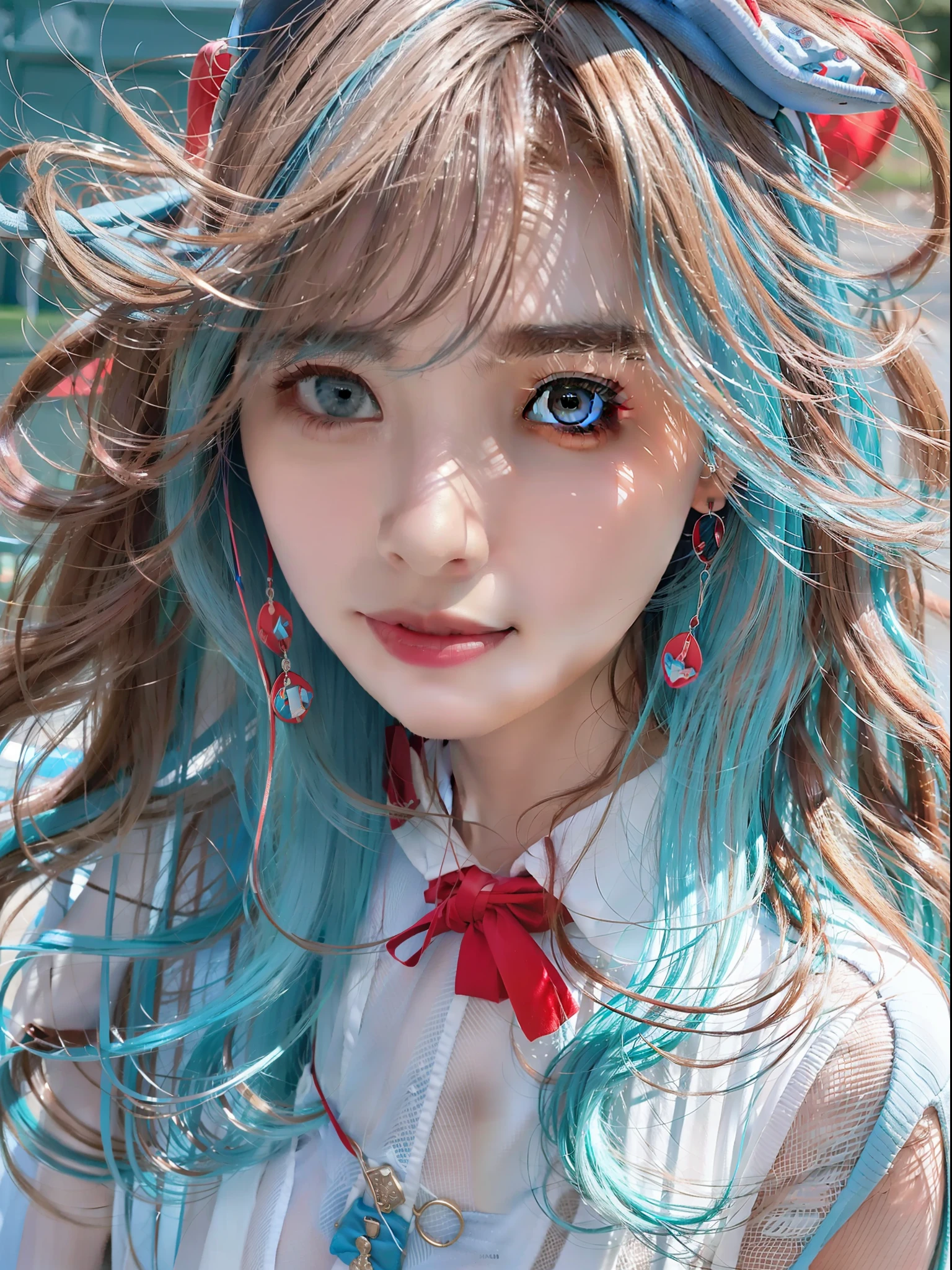 A girl，独奏，Light blue shirt，Tennis hats，Delicate wavy long hair，Red with blue eyes，White stockings sheer，tmasterpiece，hoang lap，Skin texture，The diagonal faces the viewer，slenderness，Dynamic light and shadow，A high resolution，Sharp，Evil smile，Full body photo