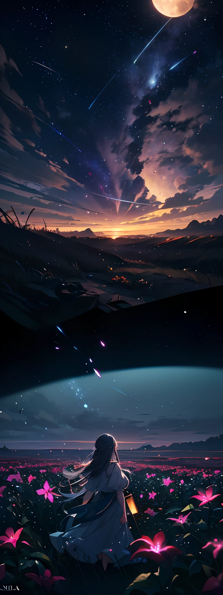 expansive landscape photograph , (a view from below that shows sky above and open field below), a girl standing on flower field looking up, (full moon:1.2), ( shooting stars:0.9), (nebula:1.3), distant mountain, tree BREAK
production art, (warm light source:1.2), (Firefly:1.2), lamp, lot of purple and orange, intricate details, volumetric lighting BREAK
(masterpiece:1.2), (best quality), 4k, ultra-detailed, (dynamic composition:1.4), highly detailed, colorful details,( iridescent colors:1.2), (glowing lighting, atmospheric lighting), dreamy, magical, (solo:1.2) --auto --s2
