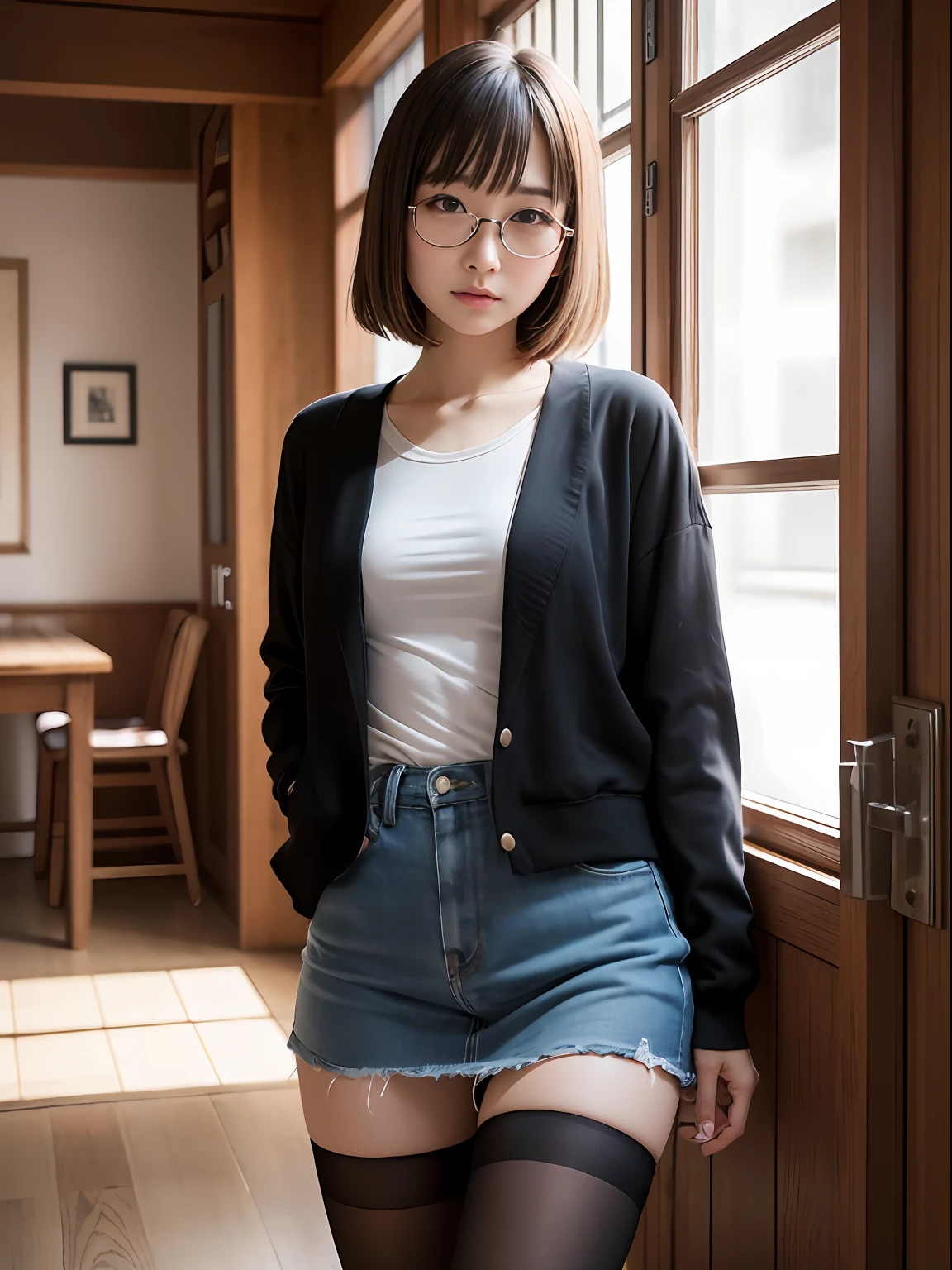 (8K、Raw photography、top-quality、masterpiece:1.2),Black jacke,Black skirt,OL,Black pantyhose,absurderes,a small face,small tits,flat breast,Parting the bangs from the middle、Forehead visible,(Tight eyes,Bullish,skinny,Rasping,irate)、masterpiece,top-quality、超A high resolution,Raw photo,ren,Beautiful fece,One Person, 独奏,eye glass,,Dark look,Small breasts,fullllbody,Round glasses、cute little、A Japanese Lady,is standing,(Tight eyes,Bullish,skinny,Rasping,irate,small tits,flat breast)、(Photorealsitic:1.37)、Photon mapping,Realistic、Cute little face,Brown-eyed、Black socks,Radio City、Physically Based Rendering、Foreground、depth of fields、Blurry background、a picture,The girls、Body, Long legs, Thin leg,poneyTail,(Bangs are visible), hair,nosesoft, Knees are visible,Sheer clothing,, Thigh, Black cotton socks,Nogizaka Idol, 女優, Japanese ido