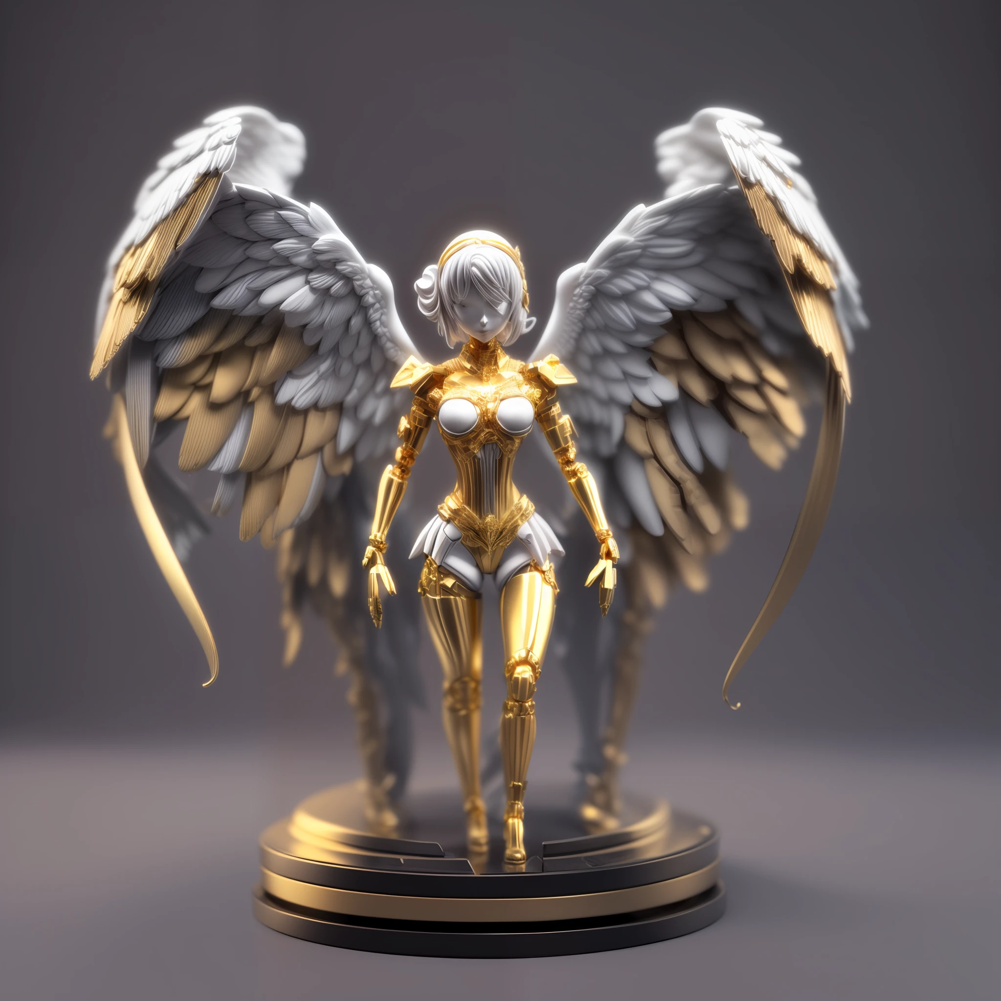 (Isometric:1.5),(blind box toy style:1.2), Mechanical style,golden theme,(1 mechanical female angel,Anatomically correct,full bodyesbian, ,Golden wings,standing,circular base),Black and white background, (a 3D render,Best quality, high detal, Masterpiece, offcial art, Cinematic lighting, 4K, Chiaroscuro)