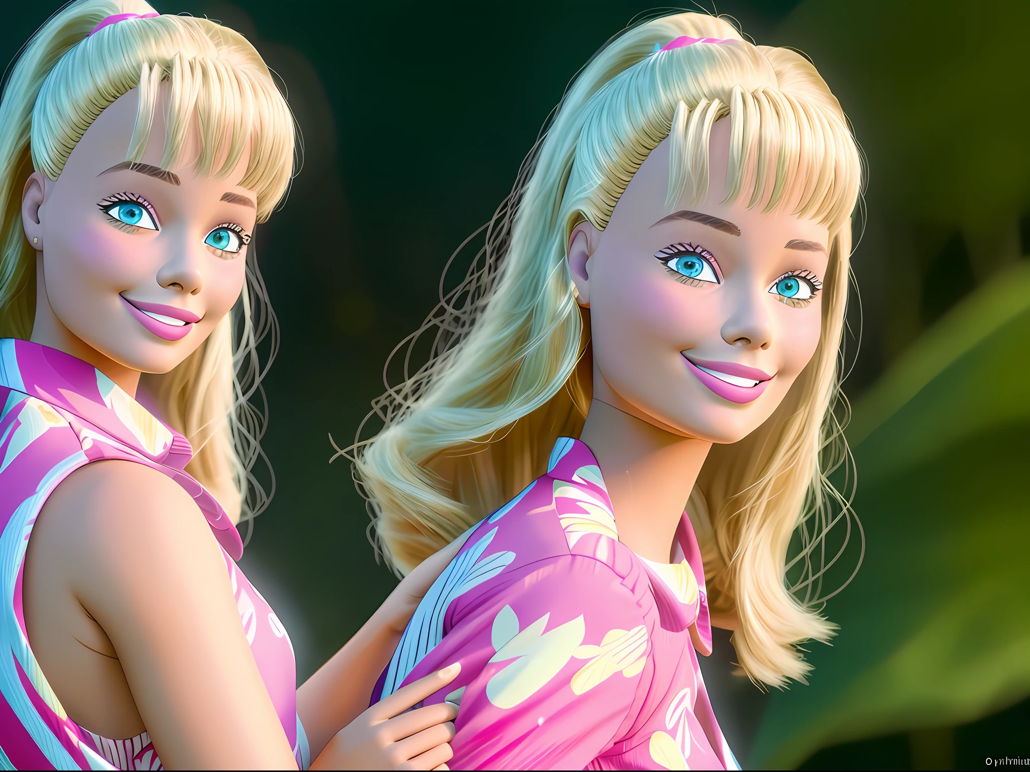 (masterpiece, best quality), highres, (8k, RAW photo, highest quality), (Margot Robbie como Barbie), (Margot Robbie face:1.2), Margot Robbie, (blonde hair) , ultra-realistic, 3d, centered, (TS_Barbie), mid shot, (full body:1.2), a cartoon girl in PINK dress in the style of pixar, (perfect lighting and composition:1),soft lighting, (high detail, 8K resolution:1), hdr:0.7, detailed face, perfect, (dynamic), pose, (high quality:1.2), plastic skin, ((shiny:1.3)), smile, (depth of field:0.8), 50mm, film grain:0.7, fujifilmXT3, focus face, (sad:1.2), looking at viewer, detailed eyes, detailed face, floating particles, beautiful, light makeup, lipstick, (thick waist and thighs:0.6), amazing composition
