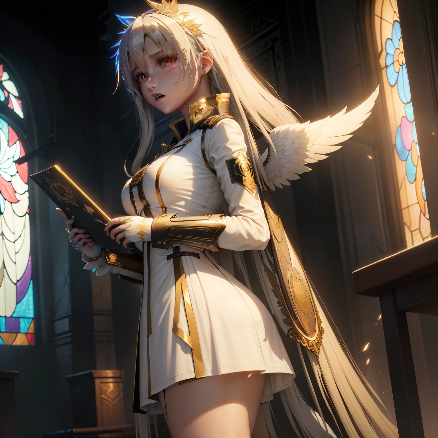 White hair，Golden pupils，White wings，teens girl，White trench coat，chies，Stained glass，epic，Exquisite