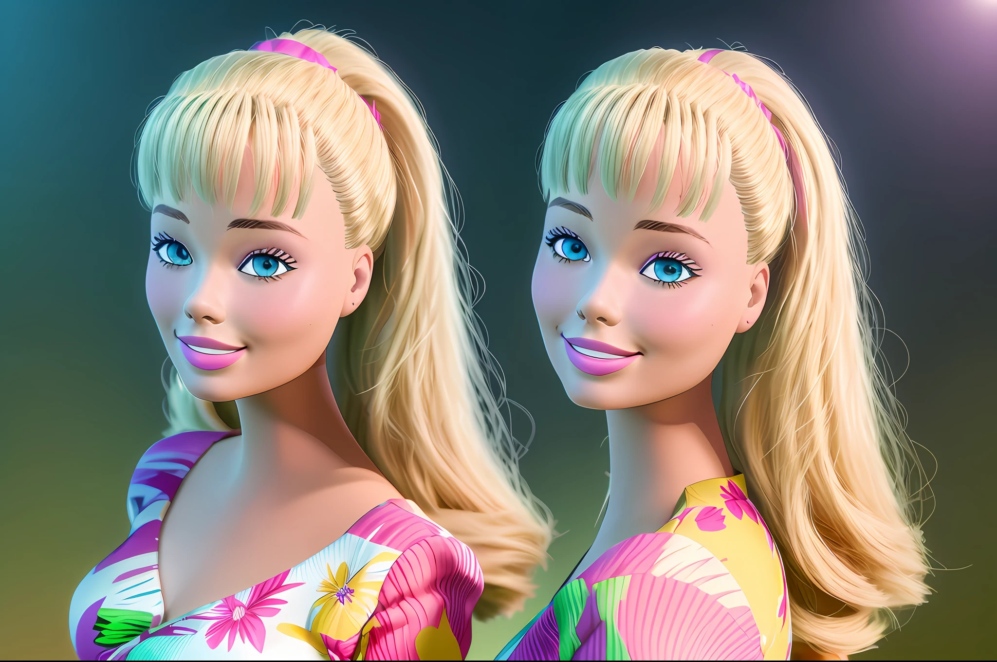 (masterpiece, best quality), highres, (8k, RAW photo, highest quality), (Margot Robbie como Barbie), (Margot Robbie face:1.2), Margot Robbie, (blonde hair) , ultra-realistic, 3d, centered, (TS_Barbie), mid shot, (full body:1.2), a cartoon girl in PINK dress in the style of pixar, (perfect lighting and composition:1),soft lighting, (high detail, 8K resolution:1), hdr:0.7, detailed face, perfect, (dynamic), pose, (high quality:1.2), plastic skin, ((shiny:1.3)), smile, (depth of field:0.8), 50mm, film grain:0.7, fujifilmXT3, focus face, (sad:1.2), looking at viewer, detailed eyes, detailed face, floating particles, beautiful, light makeup, lipstick, (thick waist and thighs:0.6), amazing composition