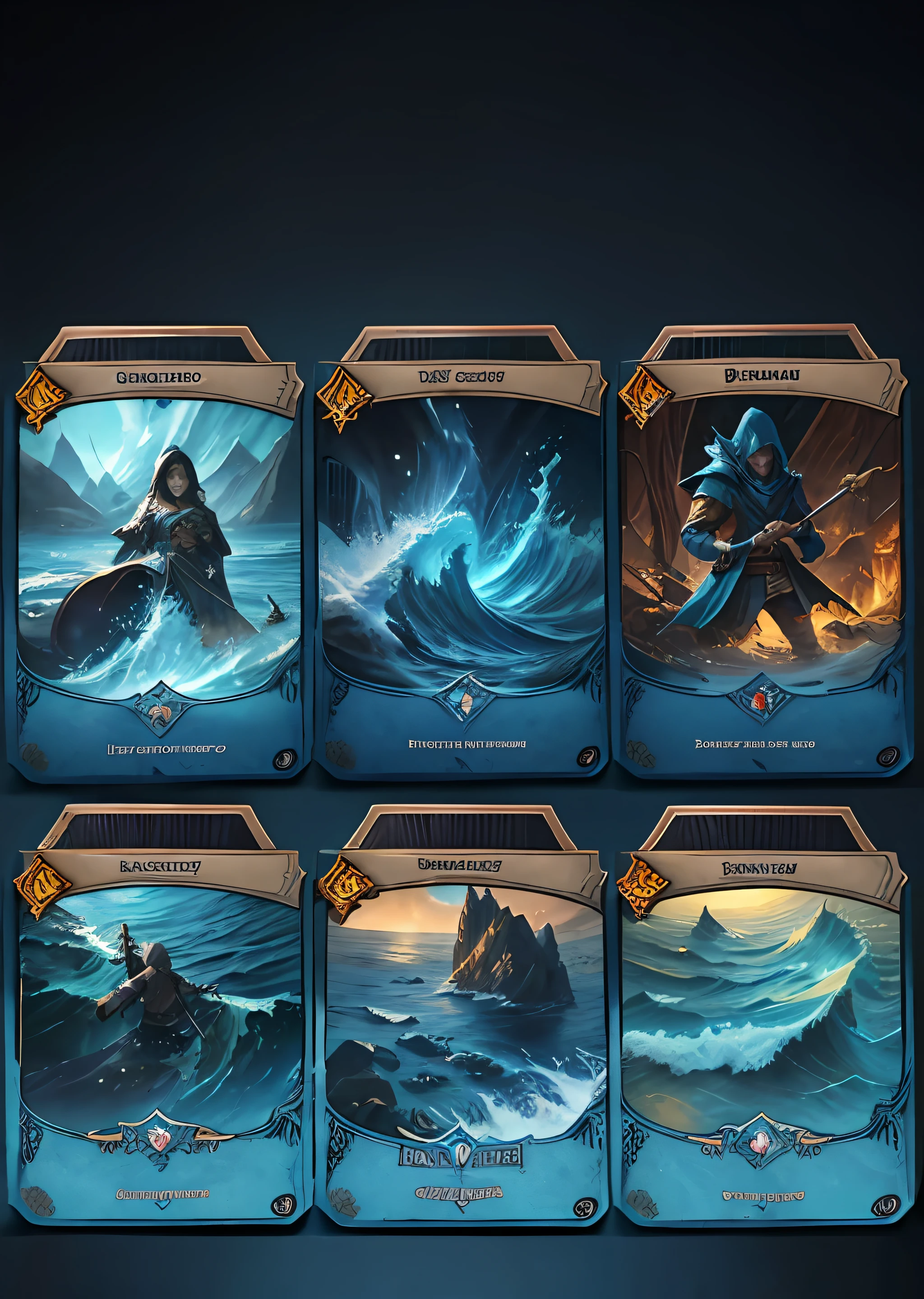 a highly detailed, Trading card game card, magic the gathering TCG, D&D, Dungeons & Dragons, Card Design, Card Layout, ornaments card, TCG ornaments, epic card layout, mitology, RPG, blue water, waves ornaments, blue tones.