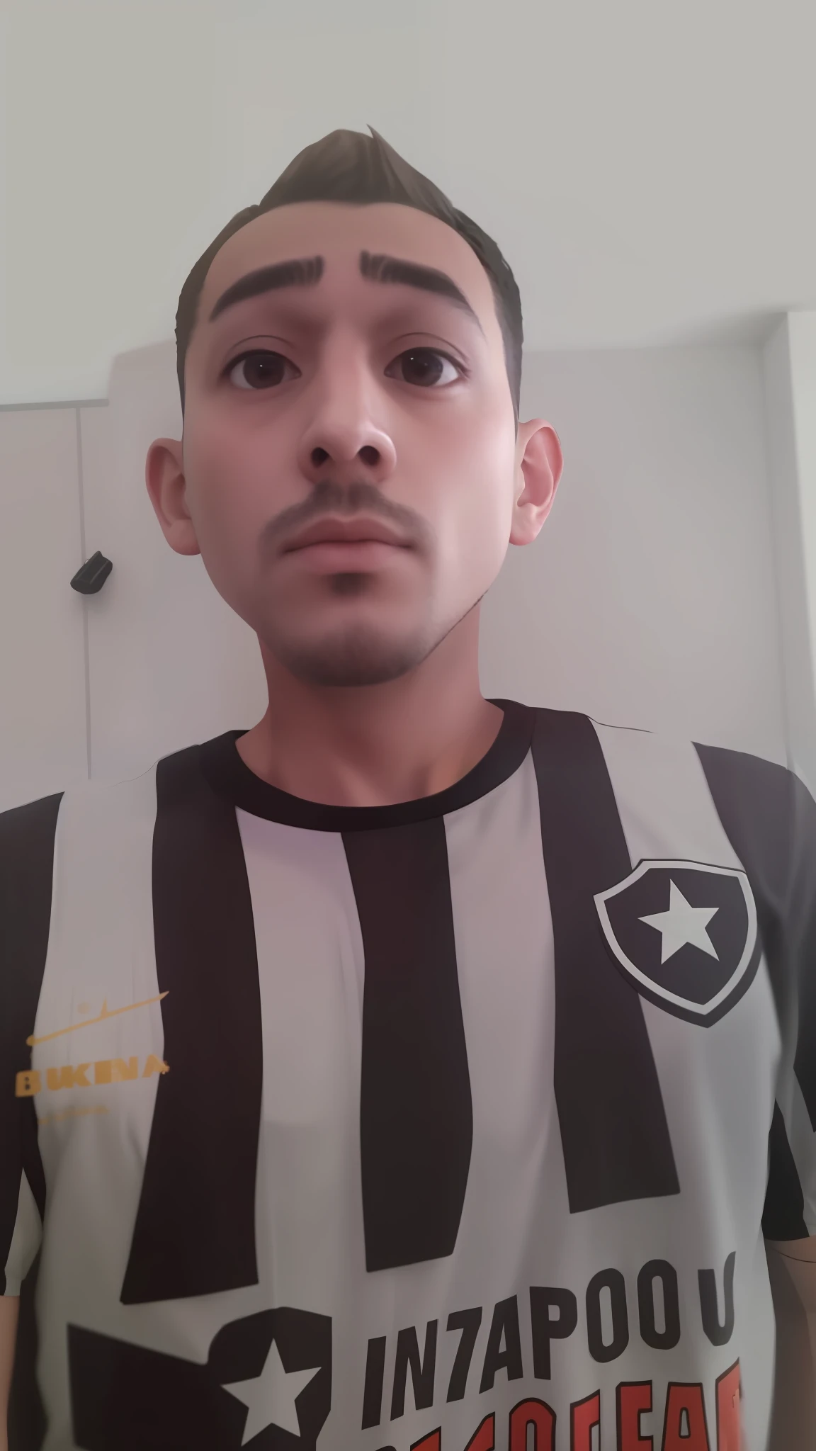 Man with funny face and shirt with football shirt, mateus 9 5, imagem de qualidade muito baixa, imagem frontal, gui guimaraes, entediado, foto muito precisa, artemixel, Foto realista, ungina real, sem estipe, foto de baixa qualidade, Anato Finnstark!!, Estrabismo, como um personagem de fortnite