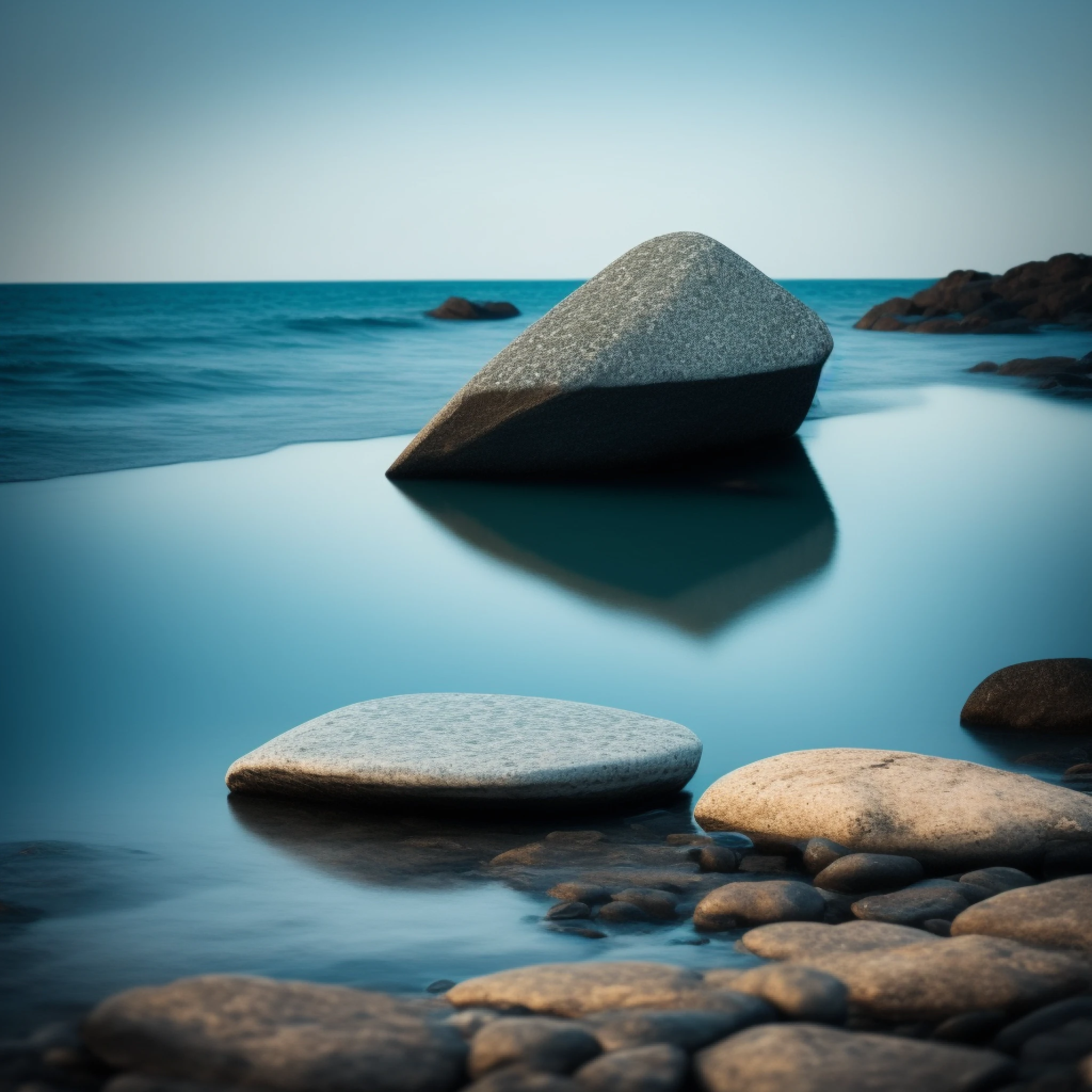 a single stone sitting on the water, a noite