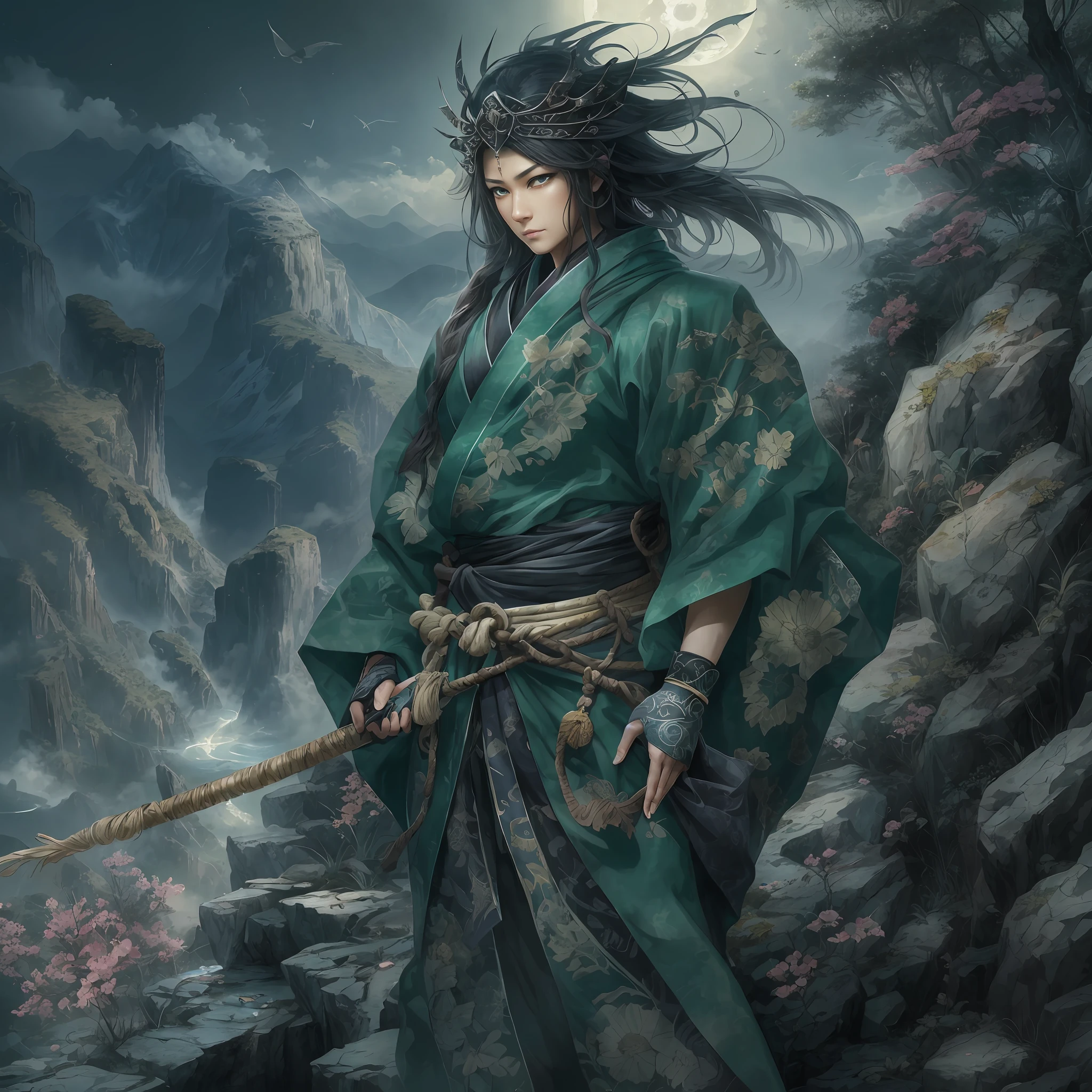 mystic ninja,Detailed face,Detailed eyes,Clear eyes,Gui Zen,Exotic beasts of mountains and seas,Dark green and black details, Loose and thick clothing covers the body,standing on cliff,Bask in the luxury of Yoshitaka Amano in the moonlight,fanciful,sci-fy,the complex background(full bodyesbian),((dynamicposes)),Colorful wallpapers,Highly detailed,Masterpiece,best qualtiy,art stations