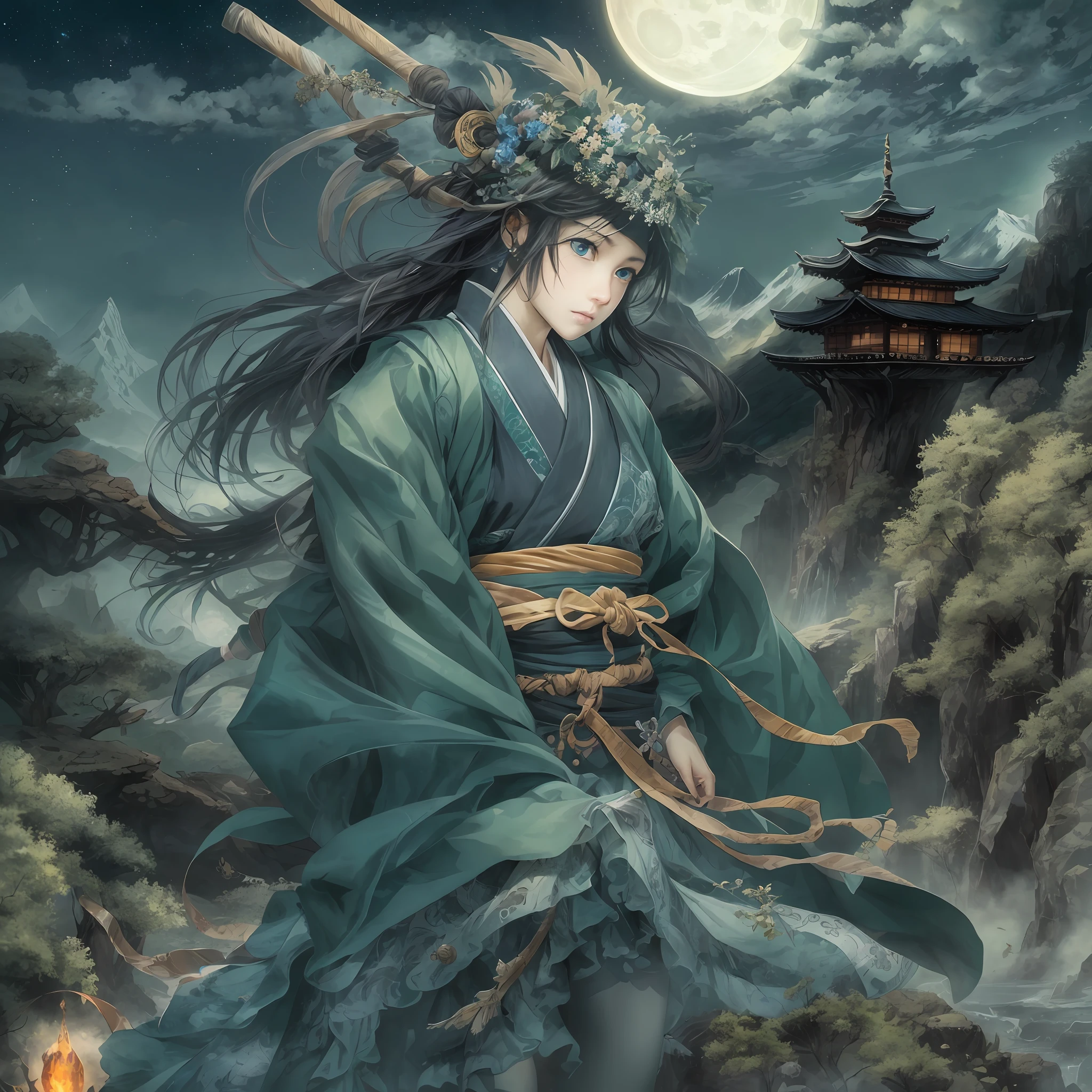 mystic ninja,Detailed face,Detailed eyes,Clear eyes,Gui Zen,Exotic beasts of mountains and seas,Dark green and black details, Loose and thick clothing covers the body,standing on cliff,Bask in the luxury of Yoshitaka Amano in the moonlight,fanciful,sci-fy,the complex background(full bodyesbian),((dynamicposes)),Colorful wallpapers,Highly detailed,Masterpiece,best qualtiy,art stations