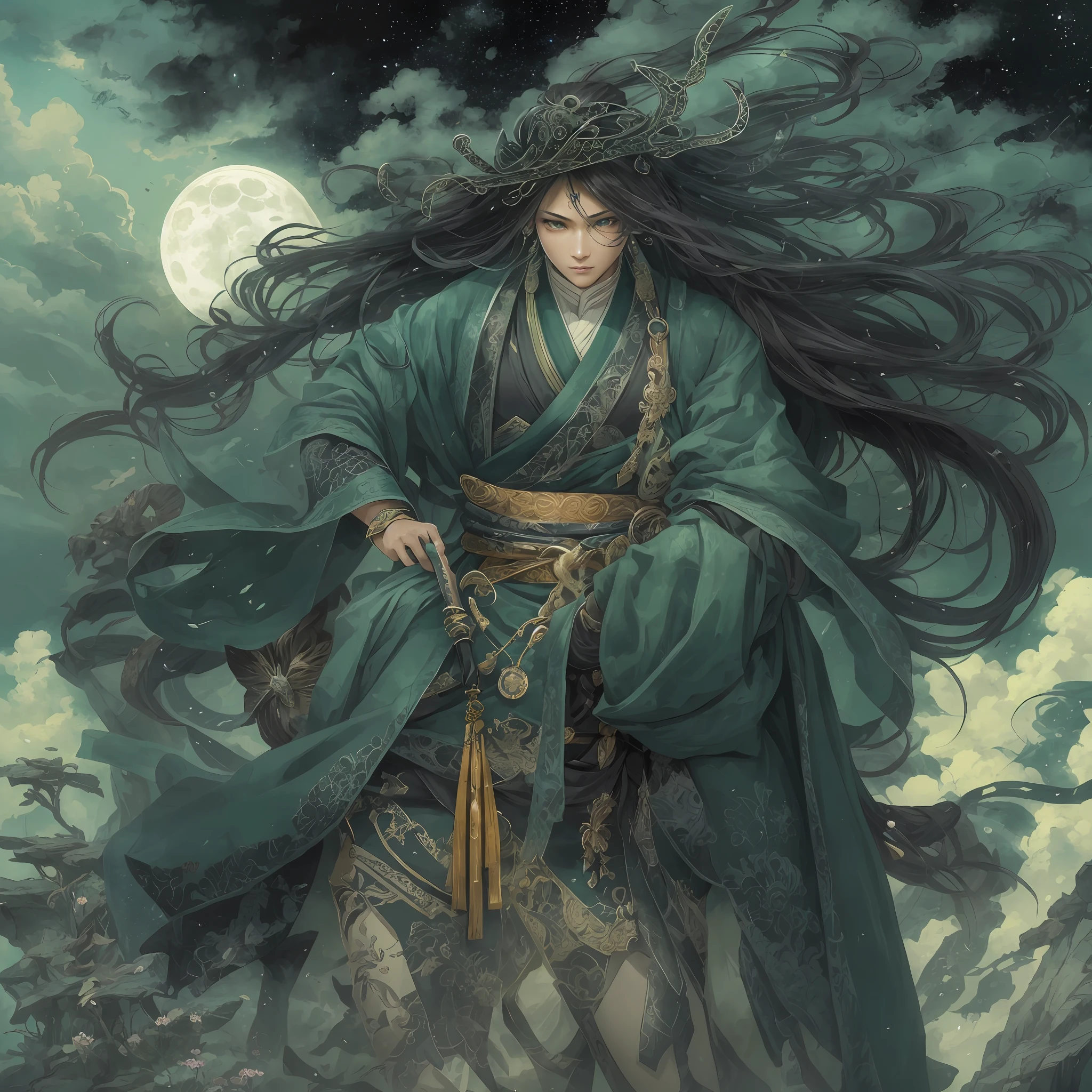 mystic ninja,Detailed face,Detailed eyes,Clear eyes,Gui Zen,Exotic beasts of mountains and seas,Dark green and black details, Loose and thick clothing covers the body,standing on cliff,Bask in the luxury of Yoshitaka Amano in the moonlight,fanciful,sci-fy,the complex background(full bodyesbian),((dynamicposes)),Colorful wallpapers,Highly detailed,Masterpiece,best qualtiy,art stations