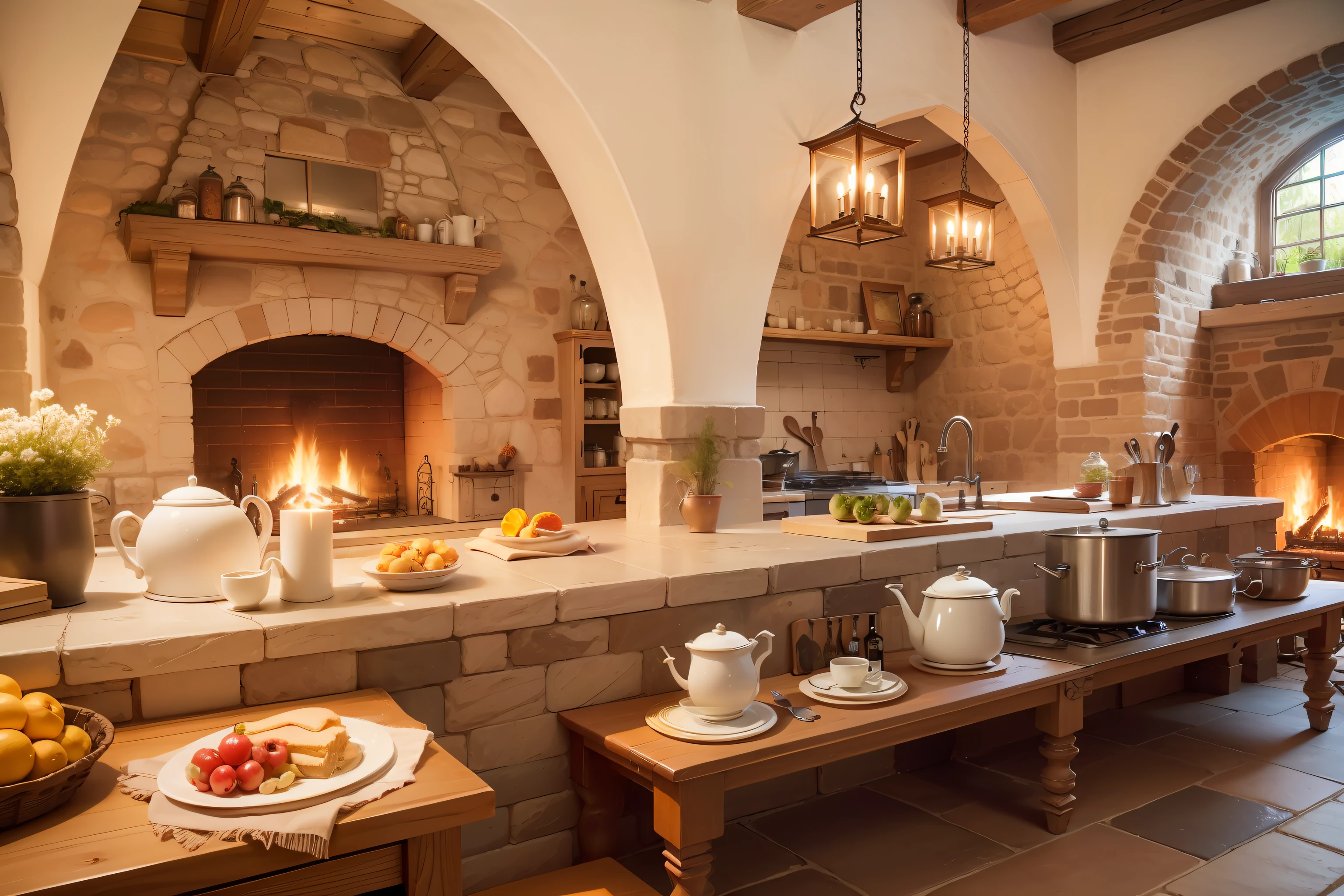 cozy castle's kitchen with a fireplace