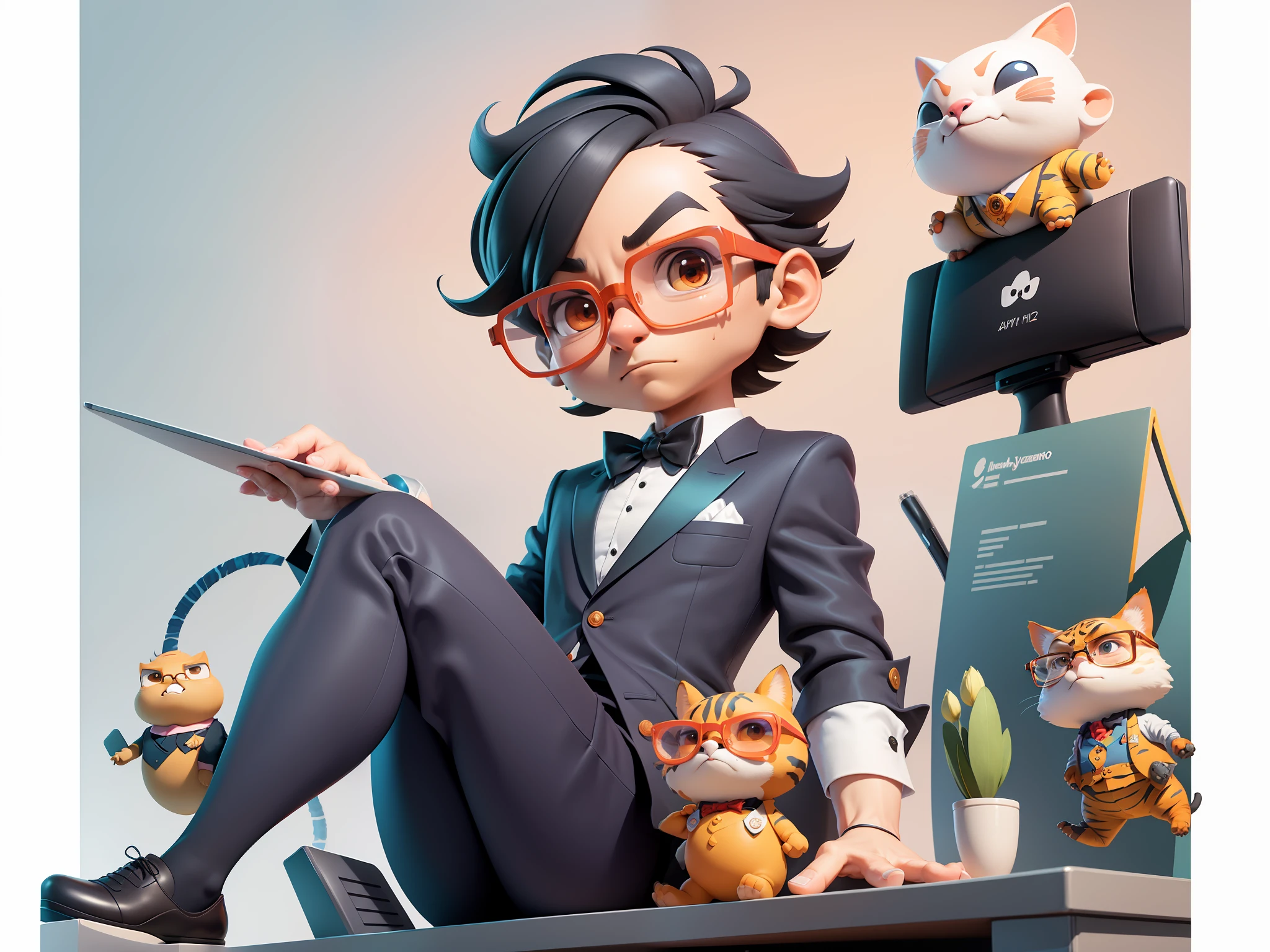 A young man in formal clothes,Short hair and glasses,Sitting at your desk,holding laptop,digitial painting,cartoonish style,4K HD illustration,Very detailed facial features,tigre,Mark Clairdon,by Pixar,3D character design:Hayao Miyazaki and Akira Toriyama, Cartoon-style visuals。