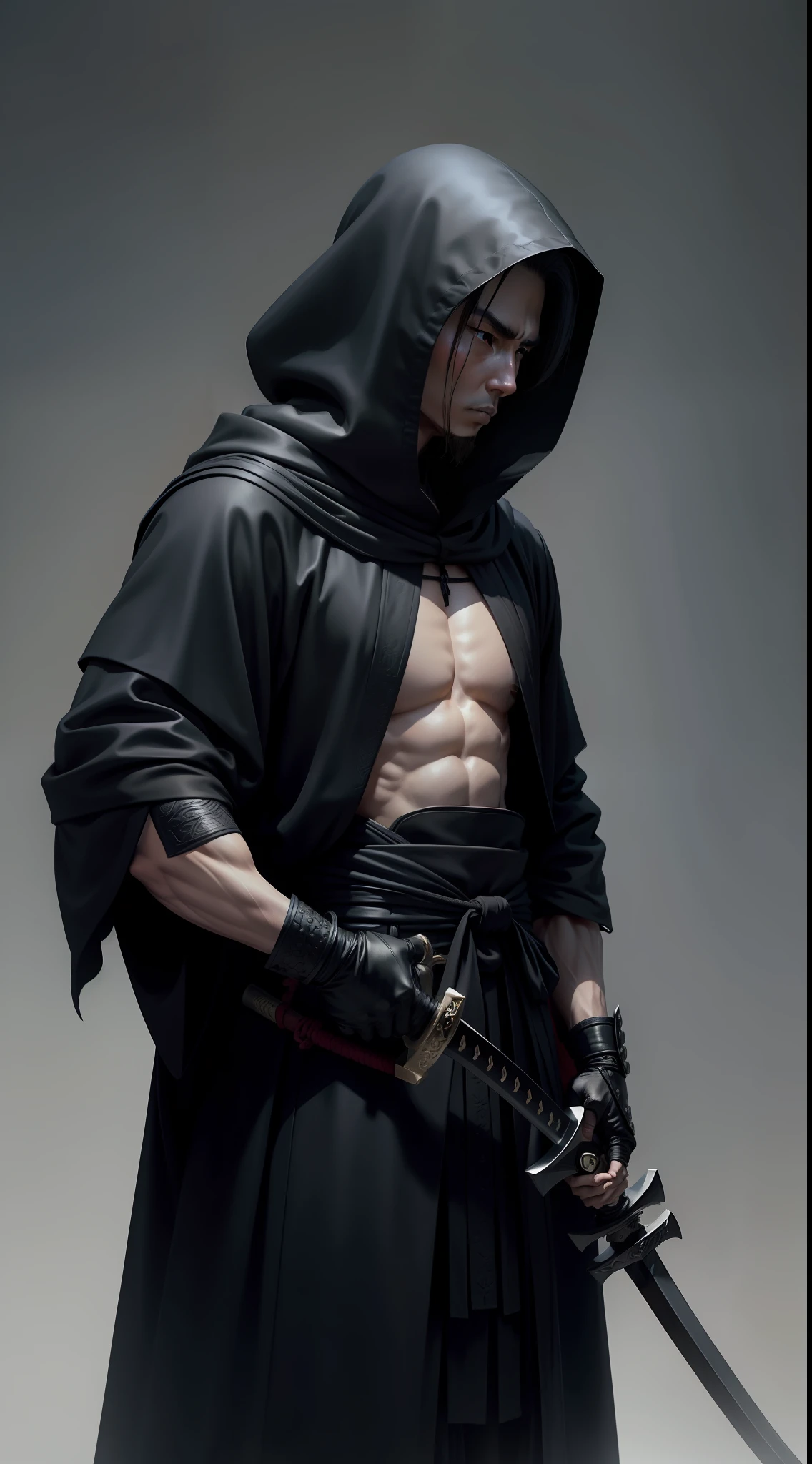 Samurai in black robes,Wears a black cloak,Holding a black long sword