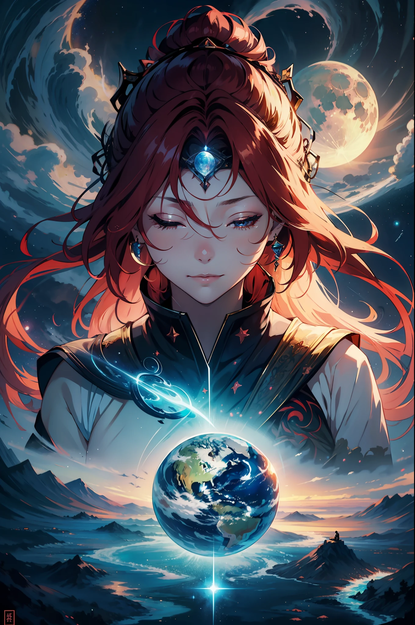 （tmasterpiece、Need、Ultra-delicate、A high resolution），1goddess，（Long red hair、Eye hemorrhoids、closing her eyes、ssmile），background starry sky，planet earth，suns，themoon，Divine light，The characters exude holy light，offcial art，Extremely detailed，（The upper part of the body、Front lens）