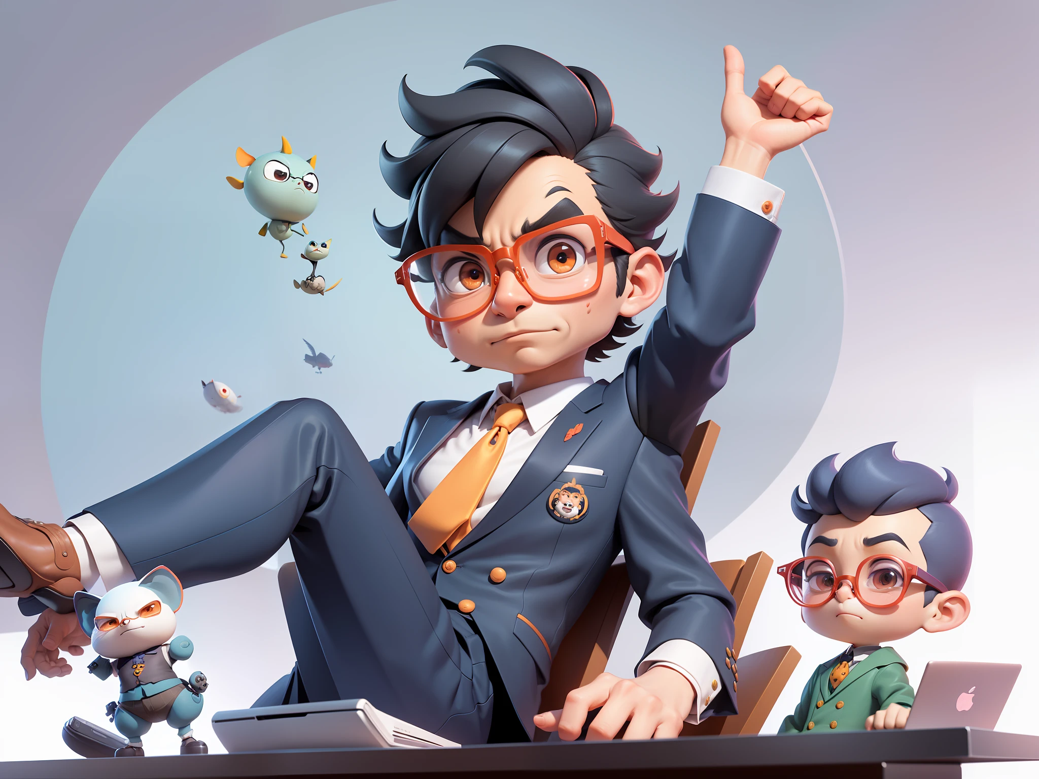A young man in formal clothes,Short hair and glasses,Sitting at your desk,holding laptop,digitial painting,cartoonish style,4K HD illustration,Very detailed facial features,tigre,Mark Clairdon,by Pixar,3D character design:Hayao Miyazaki and Akira Toriyama, Cartoon-style visuals。