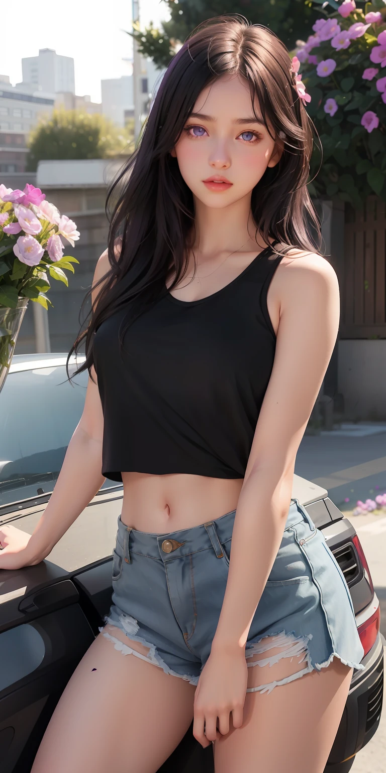 realistic, 1girl, black medium size hair, purple eyes, glowing eyes, tank top, shorts parted lips, blush, night, flowers, sun, sunlight,