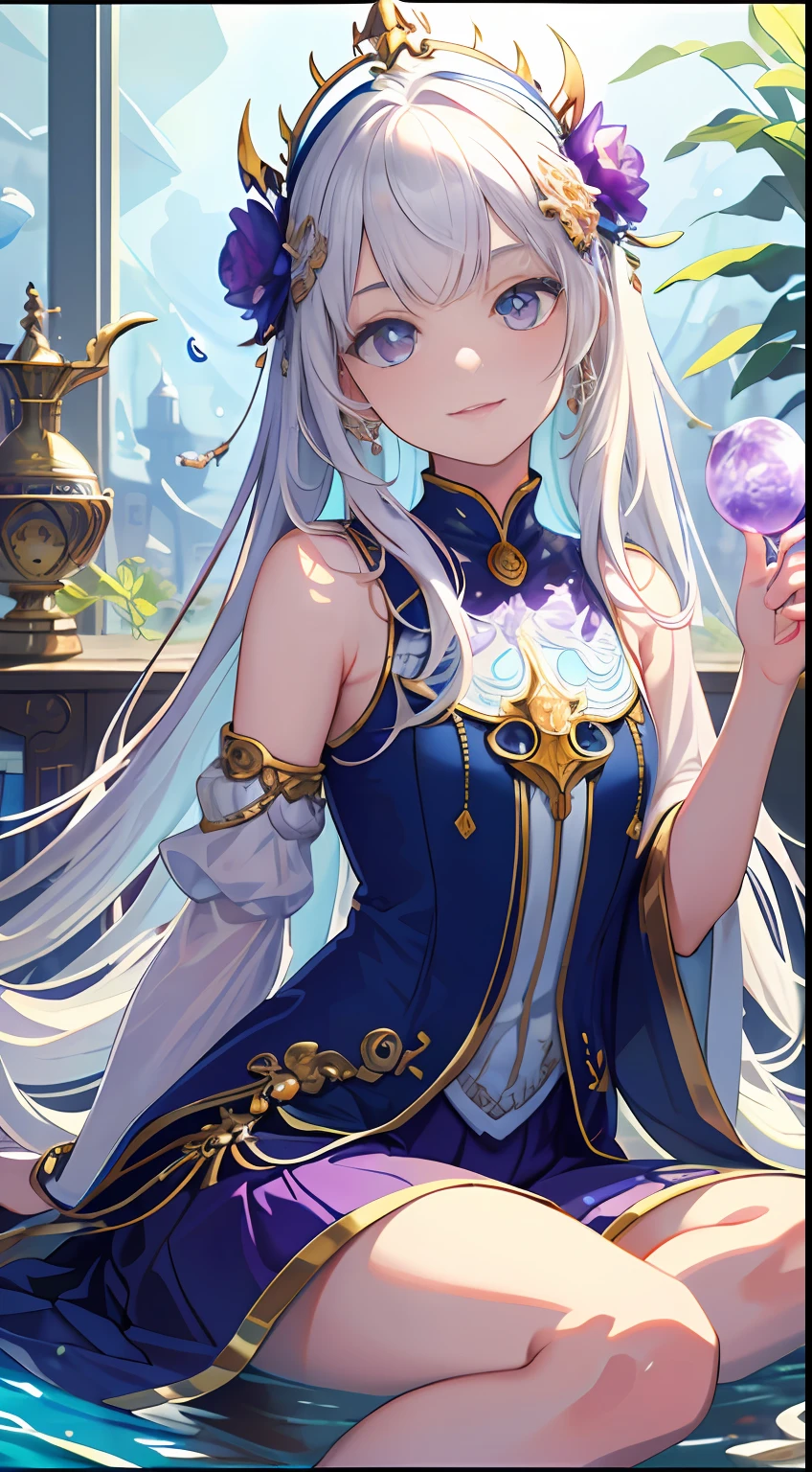 [(Transparent background:1.5)::5],(((Masterpiece))),(((Best quality))),(((Extremely detailed))),illustration, 1girll,Solo,mysterious,vivd colour,Shiny, Underwater transparent sealed hemispherical glass dome, (White hair),(Purple eyes), full bodyesbian,Barefoot,Long hair is calm and natural, Koi,Underwater, Dome,Close up,Dynamic actions,Lens perspective,(((Box composition))),sitting cross-legged，Leaning against the bookshelf, voluminetric lighting, multi colored eyes, Detailed eyes, ultra - detailed,Light smile, Highly detailed, Beautiful, small detailed, Ultra detailed, Best quality, Intricate, 4K, 8K, trending on artstationh, Good anatomy, Beautiful lighting, Award-winning,