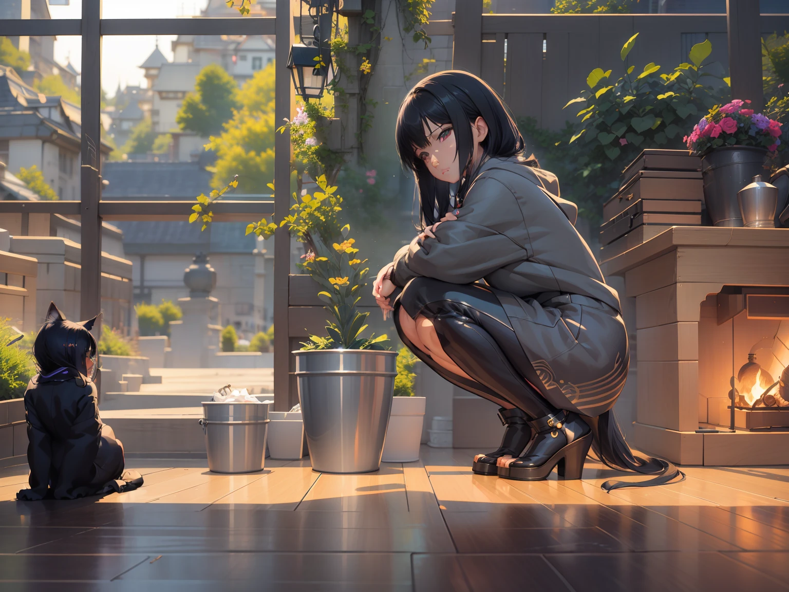there is a woman kneeling down and petting a BLACK cat, realistic anime 3 d style, artwork in the style of guweiz, photorealistic anime, 3 d anime realistic, realistic anime style at pixiv, guweiz, anime 3 d art, guweiz and makoto shinkai, realistic anime cat, guweiz on pixiv artstation