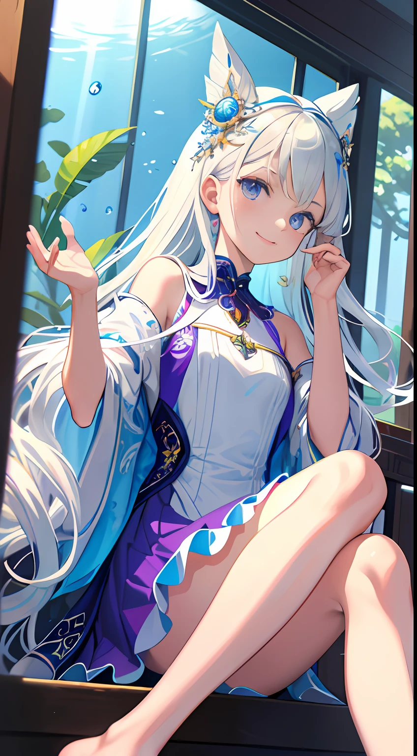 [(Transparent background:1.5)::5],(((Masterpiece))),(((Best quality))),(((Extremely detailed))),illustration, 1girll,Solo,mysterious,vivd colour,Shiny, Underwater transparent sealed hemispherical glass dome, (White hair),(Purple eyes), full bodyesbian,Barefoot,Long hair is calm and natural, Koi,Underwater, Dome,Close up,Dynamic actions,Lens perspective,(((Box composition))),sitting cross-legged，Leaning against the bookshelf, voluminetric lighting, multi colored eyes, Detailed eyes, ultra - detailed,Light smile, Highly detailed, Beautiful, small detailed, Ultra detailed, Best quality, Intricate, 4K, 8K, trending on artstationh, Good anatomy, Beautiful lighting, Award-winning,