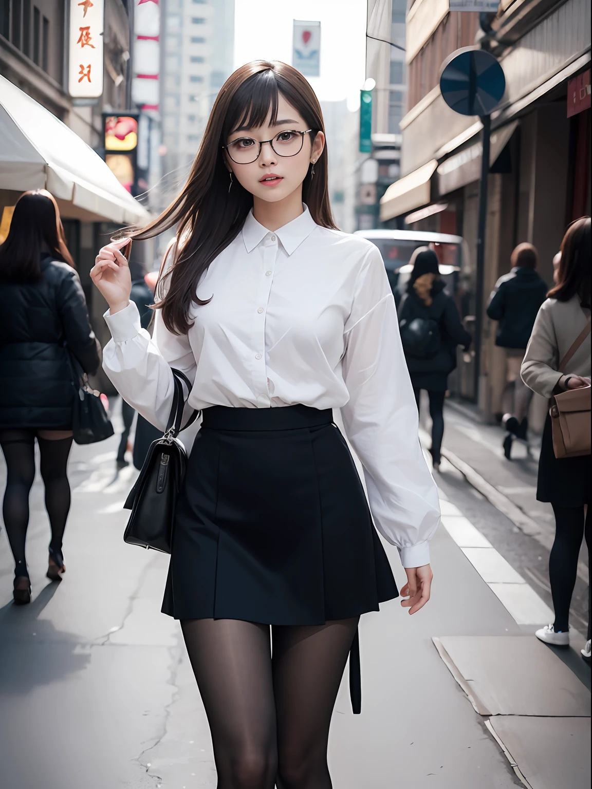 (8K、Raw photography、top-quality、masterpiece:1.2),Black jacke,Black skirt,OL,suits,Black pantyhose,absurderes,a small face,small tits,flat breast,Parting the bangs from the middle、Forehead visible,(Tight eyes,Bullish,skinny,Rasping,irate)、masterpiece,top-quality、超A high resolution,Raw photo,ren,Beautiful fece,One Person, 独奏,eye glass,,Dark look,Small breasts,fullllbody,Round glasses、cute little、A Japanese Lady,is standing,(Tight eyes,Bullish,skinny,Rasping,irate,small tits,flat breast)、(Photorealsitic:1.37)、Photon mapping,Realistic、Cute little face,Brown-eyed、Black socks,Radio City、Physically Based Rendering、Foreground、depth of fields、Blurry background、a picture,The girls、Body, Long legs, Thin leg,poneyTail,(Bangs are visible), hair,nosesoft, Knees are visible,Sheer clothing,, Thigh, Black cotton socks,Nogizaka Idol, 女優, Japanese ido