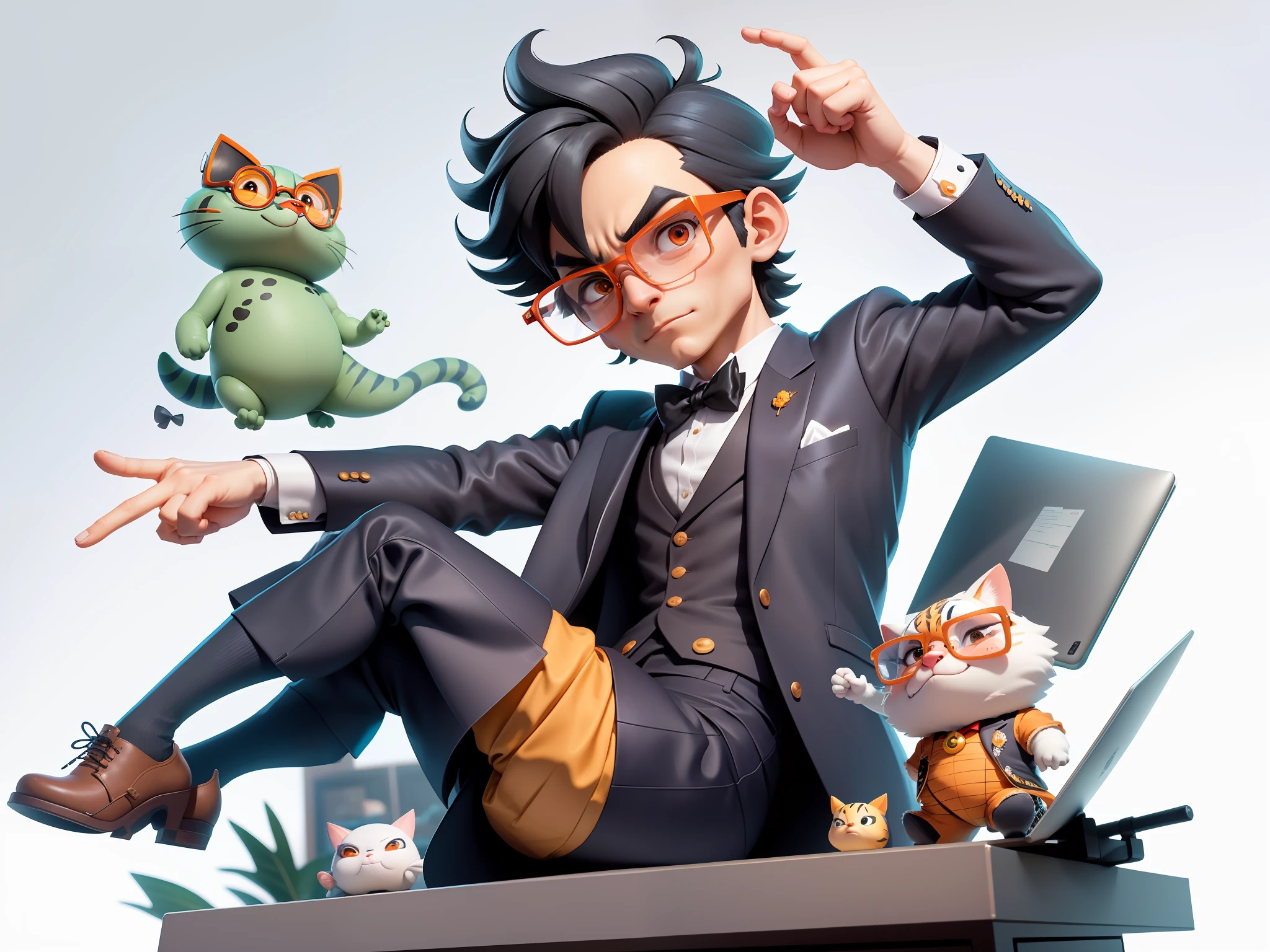 A young man in formal clothes,Short hair and glasses,Sitting at your desk,holding laptop,digitial painting,cartoonish style,4K HD illustration,Very detailed facial features,tigre,Mark Clairdon,by Pixar,3D character design:Hayao Miyazaki and Akira Toriyama, Cartoon-style visuals。