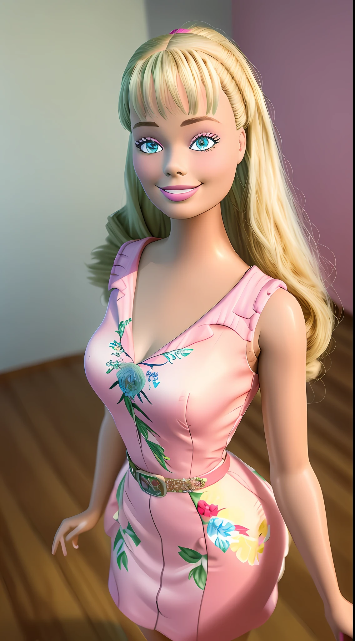 (masterpiece, best quality), highres, (8k, RAW photo, highest quality), (Margot Robbie como Barbie), (Margot Robbie face:1.2), Margot Robbie, (blonde hair) , ultra-realistic, 3d, centered, (TS_Barbie), mid shot, (full body:1.2), a cartoon girl in PINK dress in the style of pixar, (perfect lighting and composition:1),soft lighting, (high detail, 8K resolution:1), hdr:0.7, detailed face, perfect, (dynamic), pose, (high quality:1.2), plastic skin, ((shiny:1.3)), smile, (depth of field:0.8), 50mm, film grain:0.7, fujifilmXT3, focus face, (sad:1.2), looking at viewer, detailed eyes, detailed face, floating particles, beautiful, light makeup, lipstick, (thick waist and thighs:0.6), amazing composition