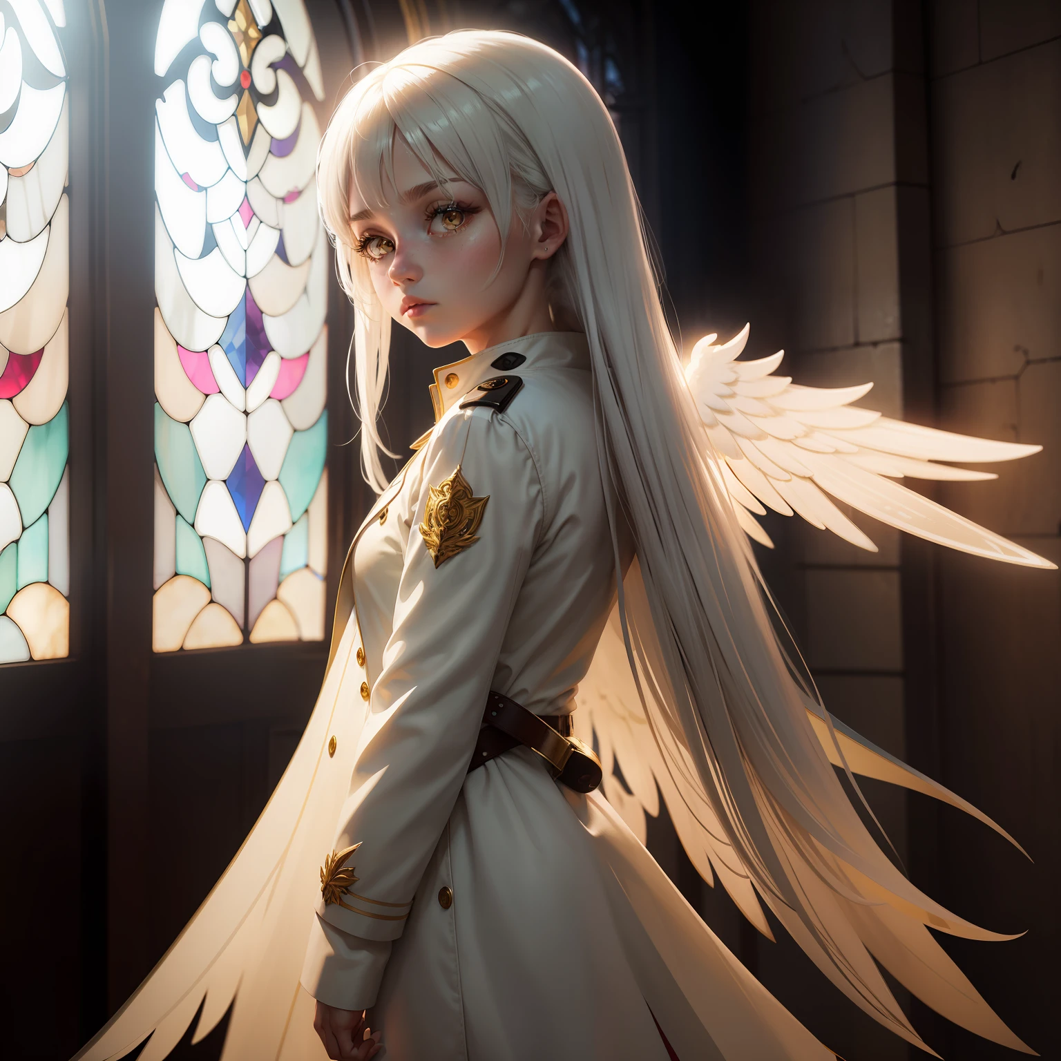 White hair，Golden pupils，White wings，teens girl，White trench coat，chies，Stained glass，Epic，Exquisite