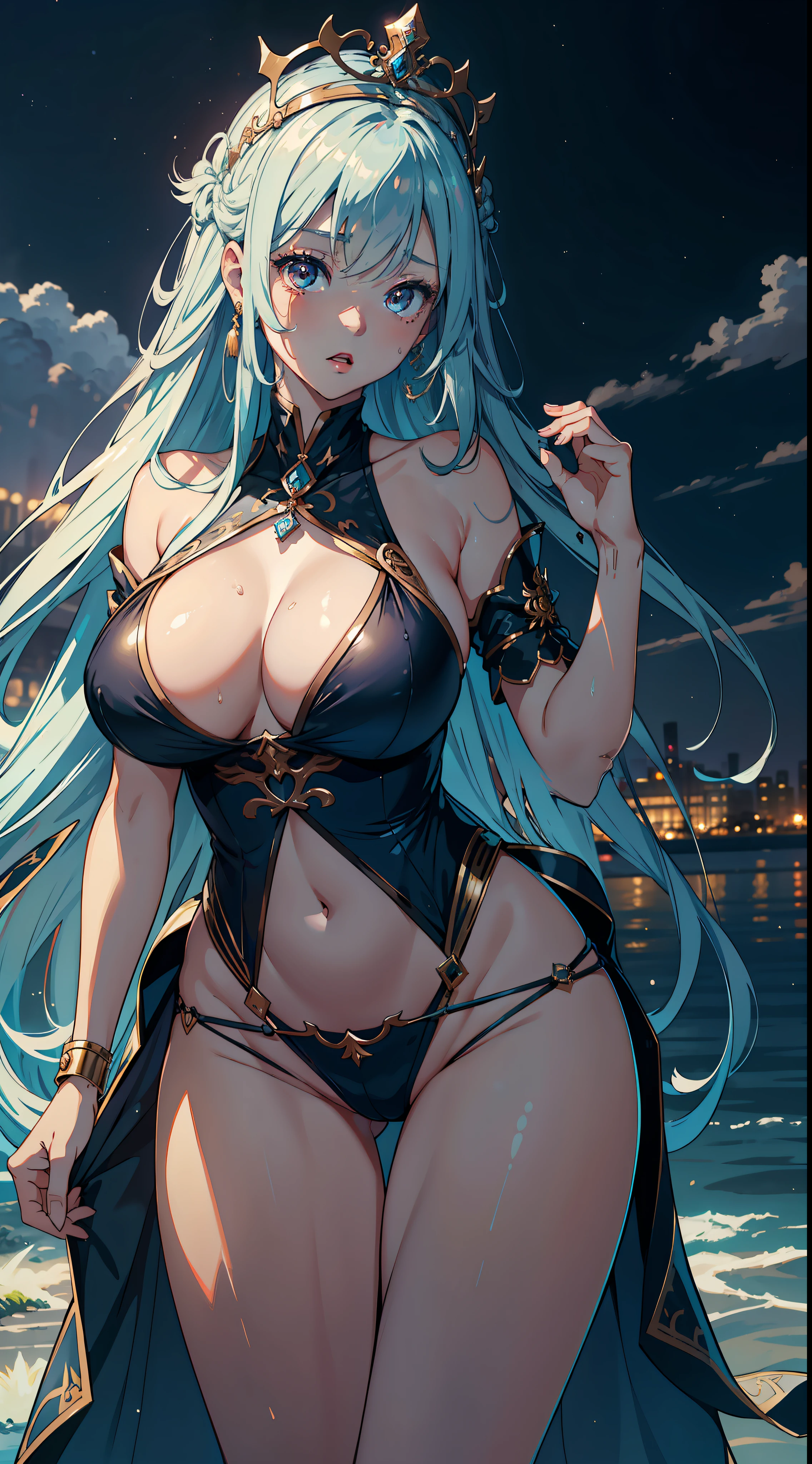 1girll,Huge breasts, 独奏, tiara crown, Arab princess lewd expression, NOWAI, Skysky,the night, silber hair, She has long flowing hair, exposed bare shoulders, standing on your feet,Bigchest, wetclothes, From the front side, hair straight, mostly cloudy sky, Wet hair (((tmasterpiece),(Very detailed CG unity 8K wallpaper),best qualtiy,,独奏,1girll,cinmatic lighting,detailed back ground,beatiful detailed eyes,Bright pupils,(Very fine and beautiful),(Beautiful and detailed eye description),ultra - detailed,tmasterpiece,)),facing at camera,absurderes,A high resolution,ultra - detailed),1girll,独奏,mature,(Very long hair,blue hair),legs are open,Emotive expressions,Open-mouthed,,extremely large bosom,Colorful,Most detailed,exteriors,fully body photo,The face is well lit