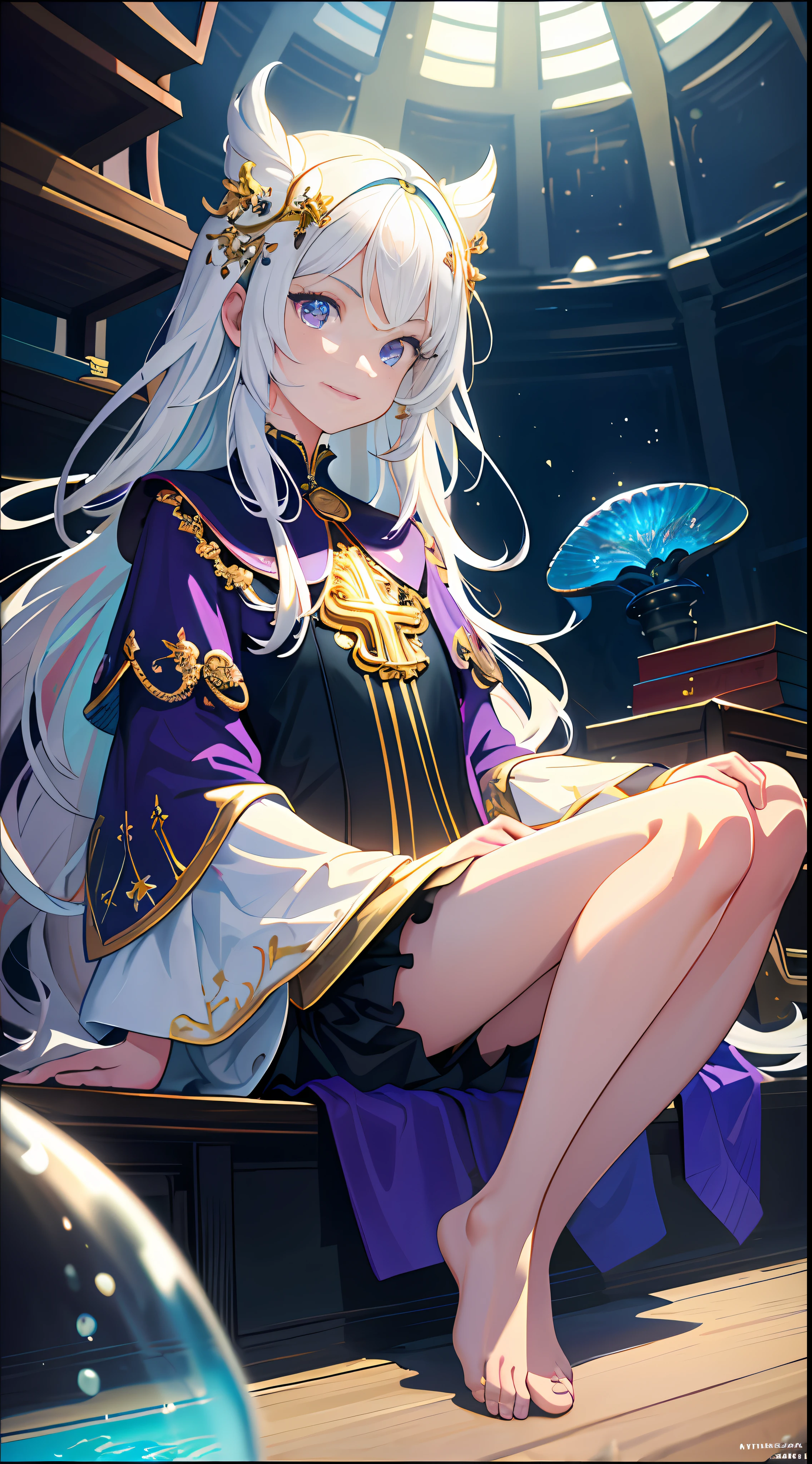 [(Transparent background:1.5)::5],(((Masterpiece))),(((Best quality))),(((Extremely detailed))),illustration, 1girll,Solo,mysterious,vivd colour,Shiny, Underwater transparent sealed hemispherical glass dome, (White hair),(Purple eyes), full bodyesbian,Barefoot,Long hair is calm and natural, Koi,Underwater, Dome,Close up,Dynamic actions,Lens perspective,(((Box composition))),sitting cross-legged，Leaning against the bookshelf, voluminetric lighting, multi colored eyes, Detailed eyes, ultra - detailed,Light smile, Highly detailed, Beautiful, small detailed, Ultra detailed, Best quality, Intricate, 4K, 8K, trending on artstationh, Good anatomy, Beautiful lighting, Award-winning,