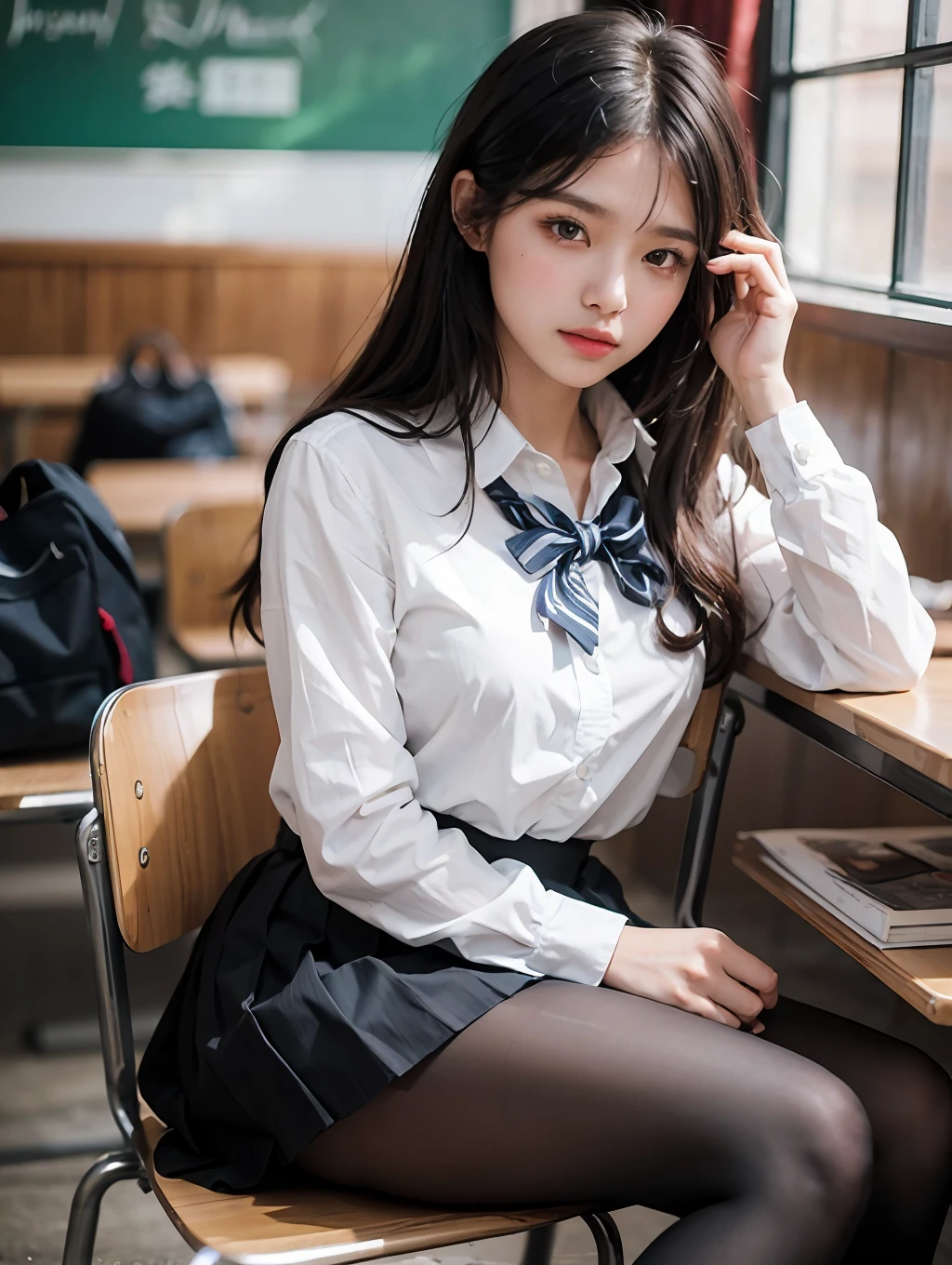 Masterpiece, Best Quality, Ultra Detailed, Illustration, Colorful, FAQ Color, Depth of Field, Lens Glow, 1girl, Hong Kong Beauty, Royal Sister Style, Sexy Style, Seated, Brunette Hair, Looking at the Audience, School, Classroom, Pleated Miniskirt, School Uniform, Serafuku, Black Pantyhose, Delicate Skin Texture, Fine Fabric Texture, Beautiful and Meticulous Face,