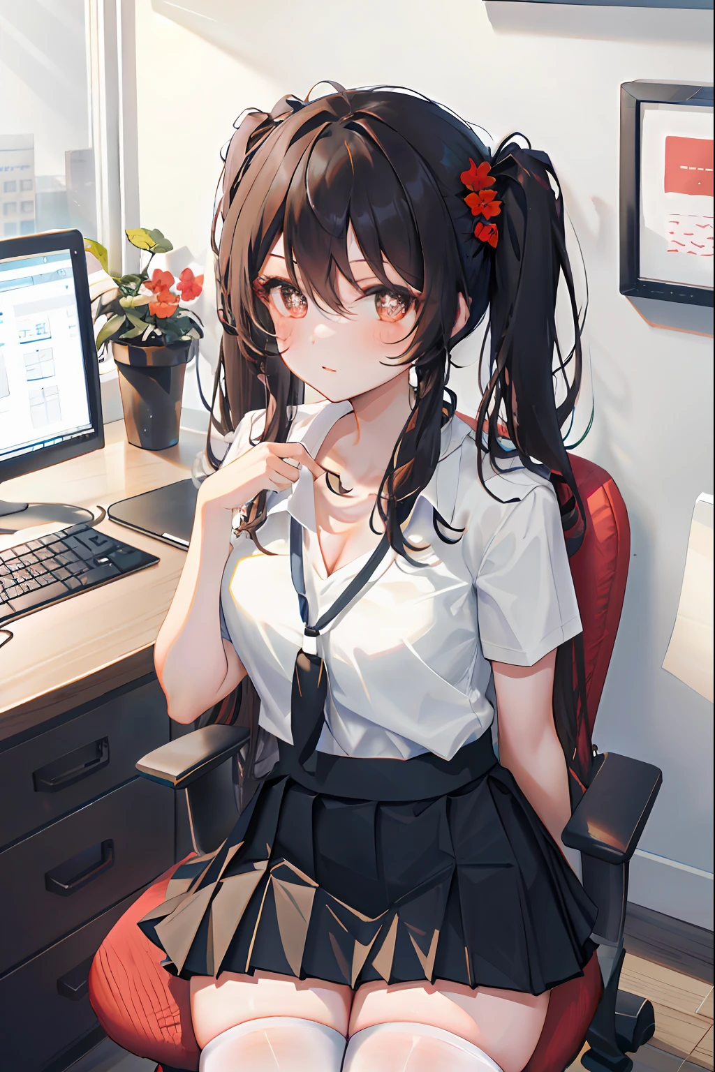 Hu Tao, 1girl, solo, ((white shirt)), black thighhighs, breasts, cleavage, uniform, office background, black skirt, pleated skirt, office, hair between eyes, brown eyes, flower pupils, medium breasts, long hair, looking at viewer, Black hair, brown short nails, solo, thighhighs, thighs, very long hair, ((masterpiece)), sitting, chair, desk, computer on desk, name tag, id tag, indoor, blush, sexy pose, ((long twintail)), short sleeve,