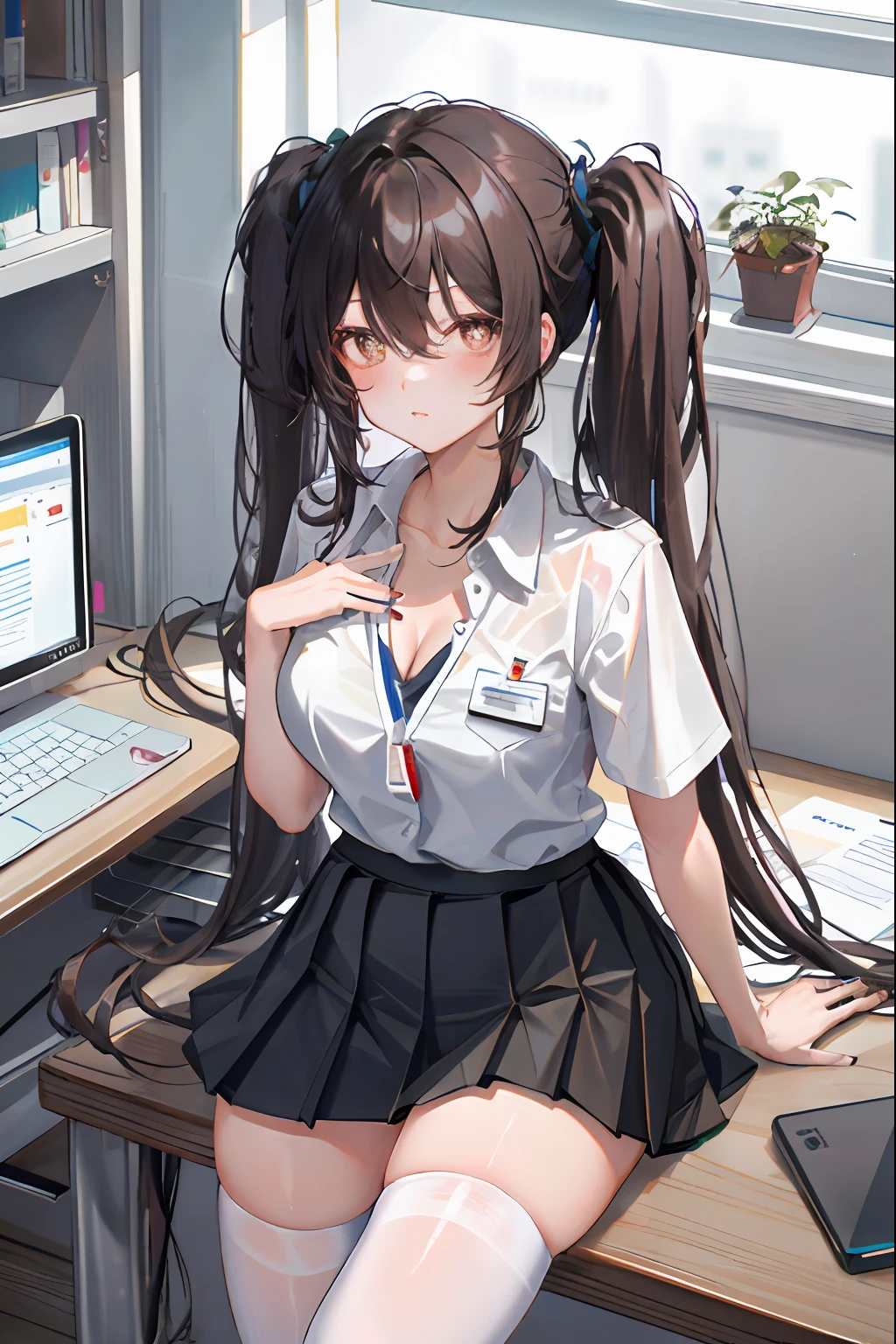 Hu Tao, 1girl, solo, ((white shirt)), black thighhighs, breasts, cleavage, uniform, office background, black skirt, pleated skirt, office, hair between eyes, brown eyes, flower pupils, medium breasts, long hair, looking at viewer, Black hair, brown short nails, solo, thighhighs, thighs, very long hair, ((masterpiece)), sitting, chair, desk, computer on desk, name tag, id tag, indoor, blush, sexy pose, ((long twintail)), short sleeve,