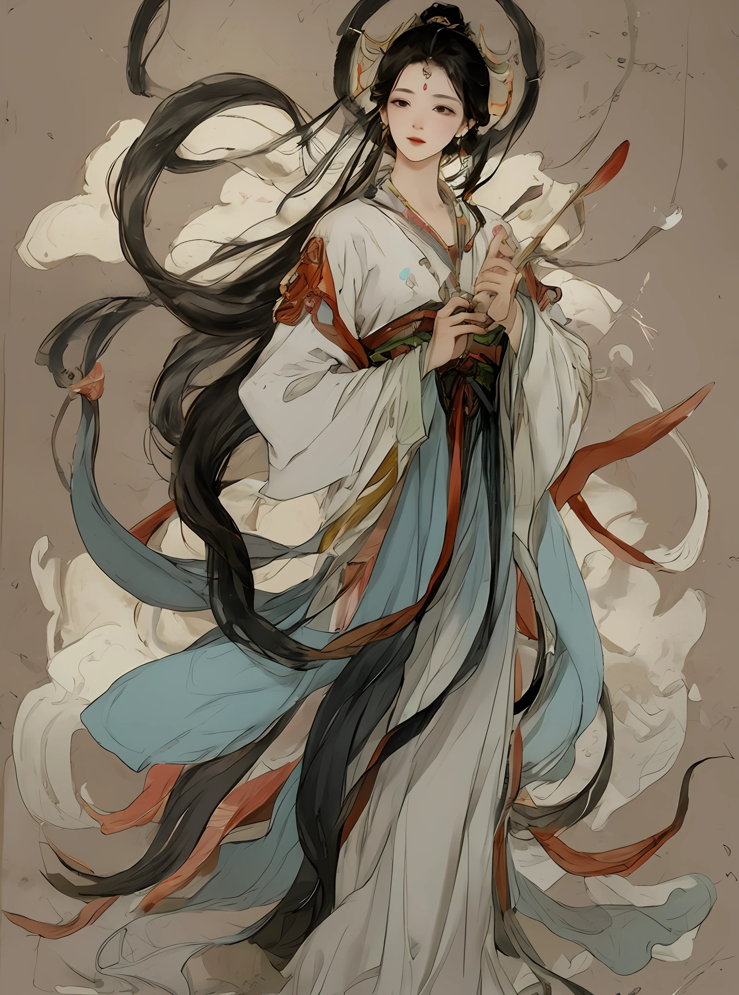 one-girl, Ancient Chinese clothing, full bodyesbian, rays of sunshine, Clear face, Clean white background, tmasterpiece, super detailing, Neon feather coat:1.5,Epic composition, hyper HD, high qulity, extremely detaile, offcial art, Uniform 8K wallpaper, super detailing, 32K,The background is a large number of auspicious clouds:1.5