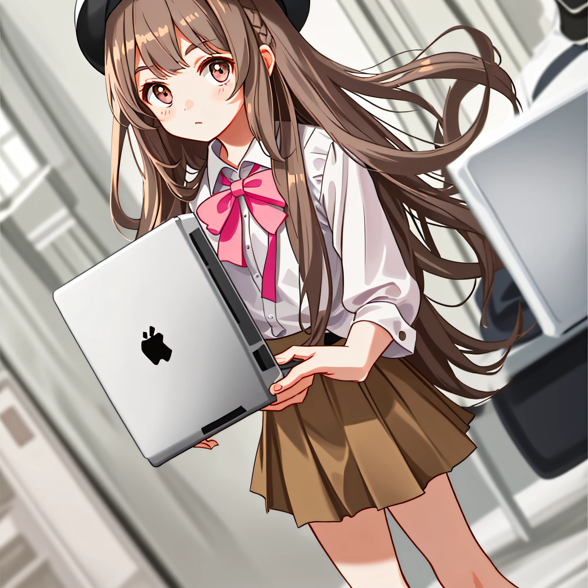 A girl with long brown hair,Wearing a plain white shirt and gray JK skirt,Has gray eyes,A small pink bow is tied in his hair,Wearing a yellow berets,In a room with a computer。