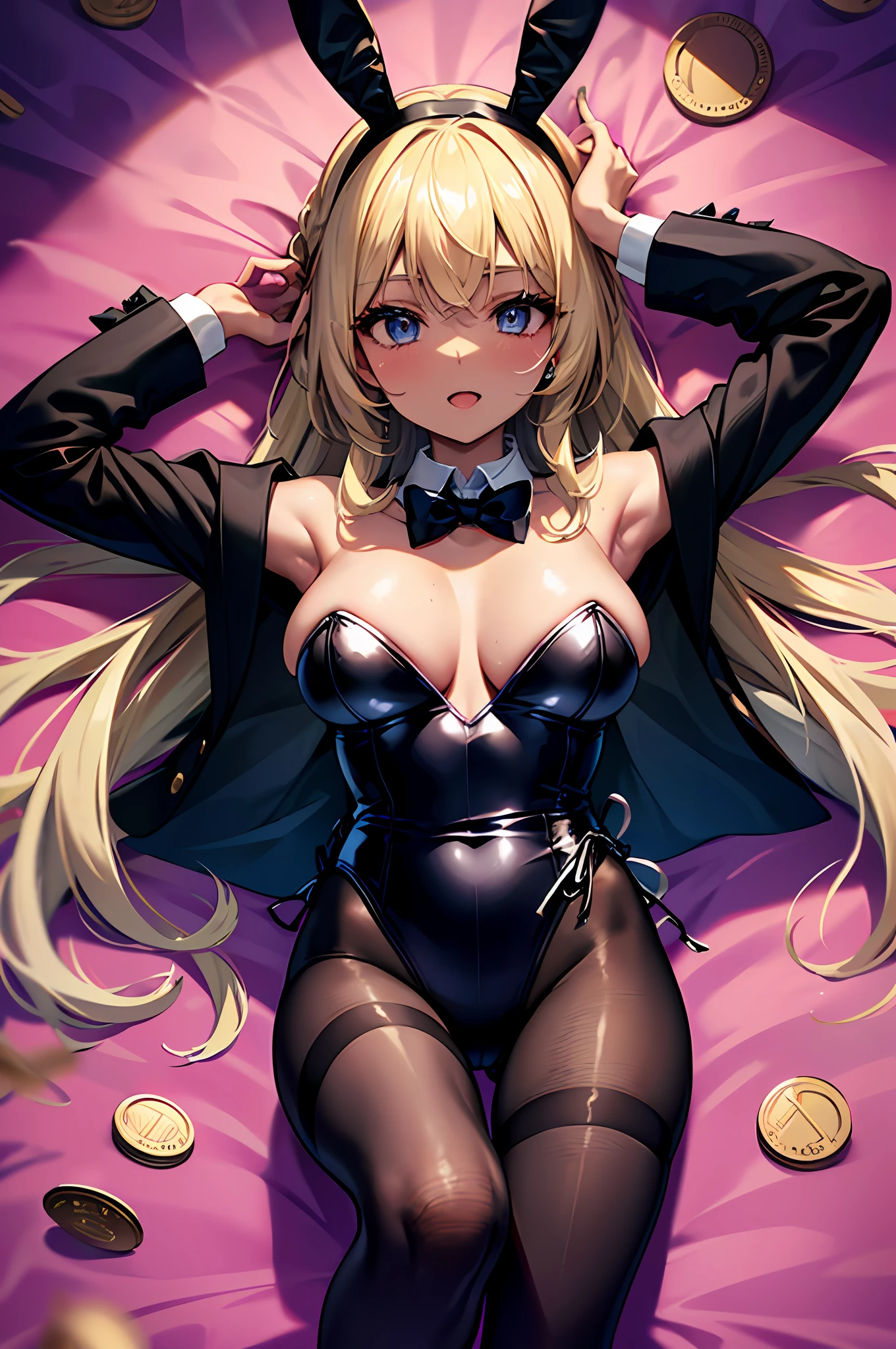 Highest Quality, ​masterpiece, unbelievably beautiful, very delicate 8k wallpaper, Transcendently Beautiful Girl, (beautifully detailed eyes), gals, (Dark skin:1.1), (long Blonde Hair Pink Gradient Hair), BREAK, Flat_Chest, Huge_breasts, wide_lower back, Open your mouth and laugh smile, long eyelashes, makeup, BREAK, Bunny Girl, Rabbit ear headband, Rabbit tail, Enamel Leotard, wrist_Cuffs, bowtie, Black_pantyhose, high_heels, short tuxedo jacket, BREAK, (Five Fingers, 4fingers and 1thumb), Casino, Roulette table, Lots of coins,