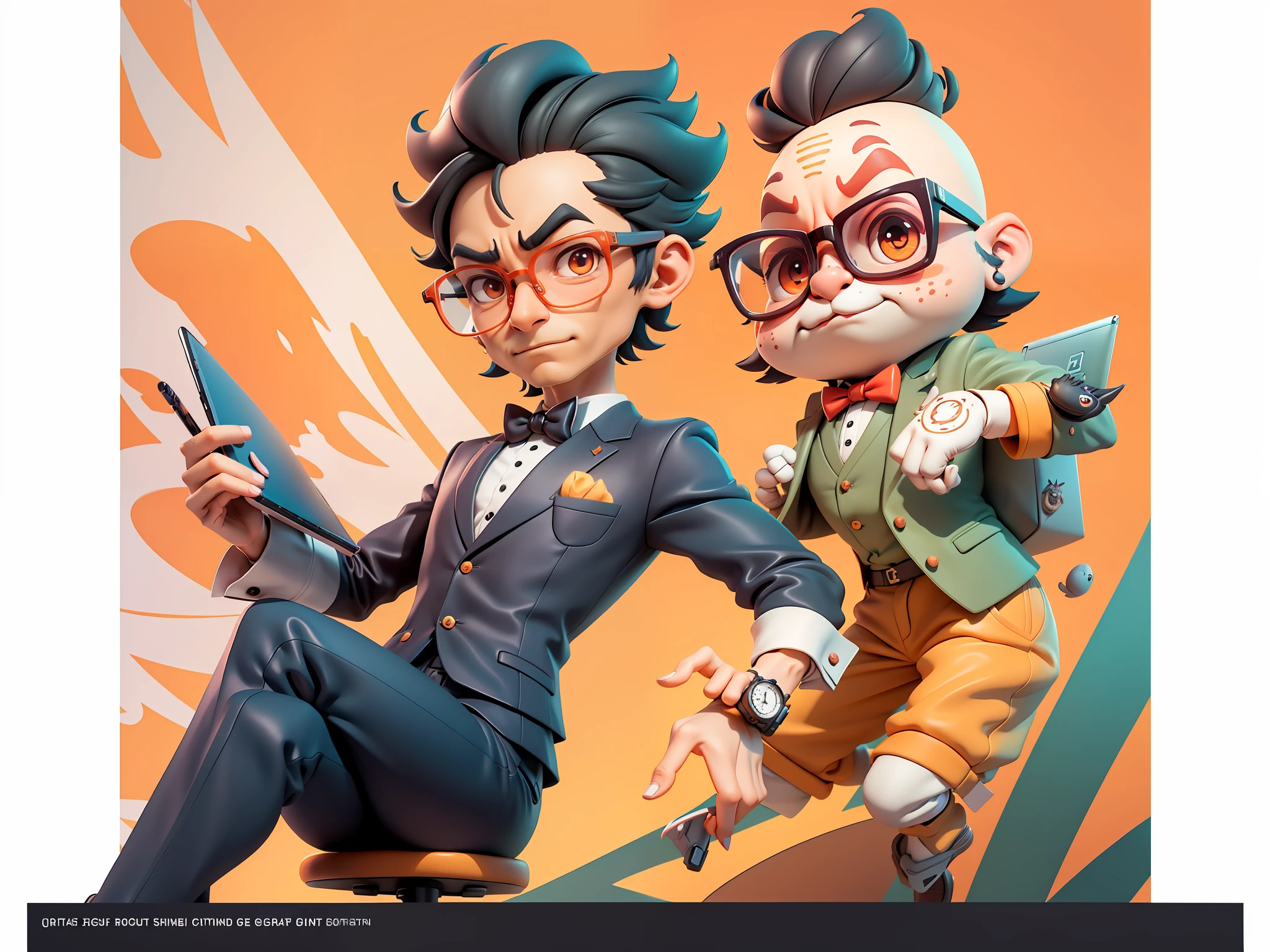 A young man in formal clothes,Short hair and glasses,Sitting at your desk,holding laptop,digitial painting,cartoonish style,4K HD illustration,Very detailed facial features,tigre,Mark Clairdon,by Pixar,3D character design:Hayao Miyazaki and Akira Toriyama, Cartoon-style visuals。