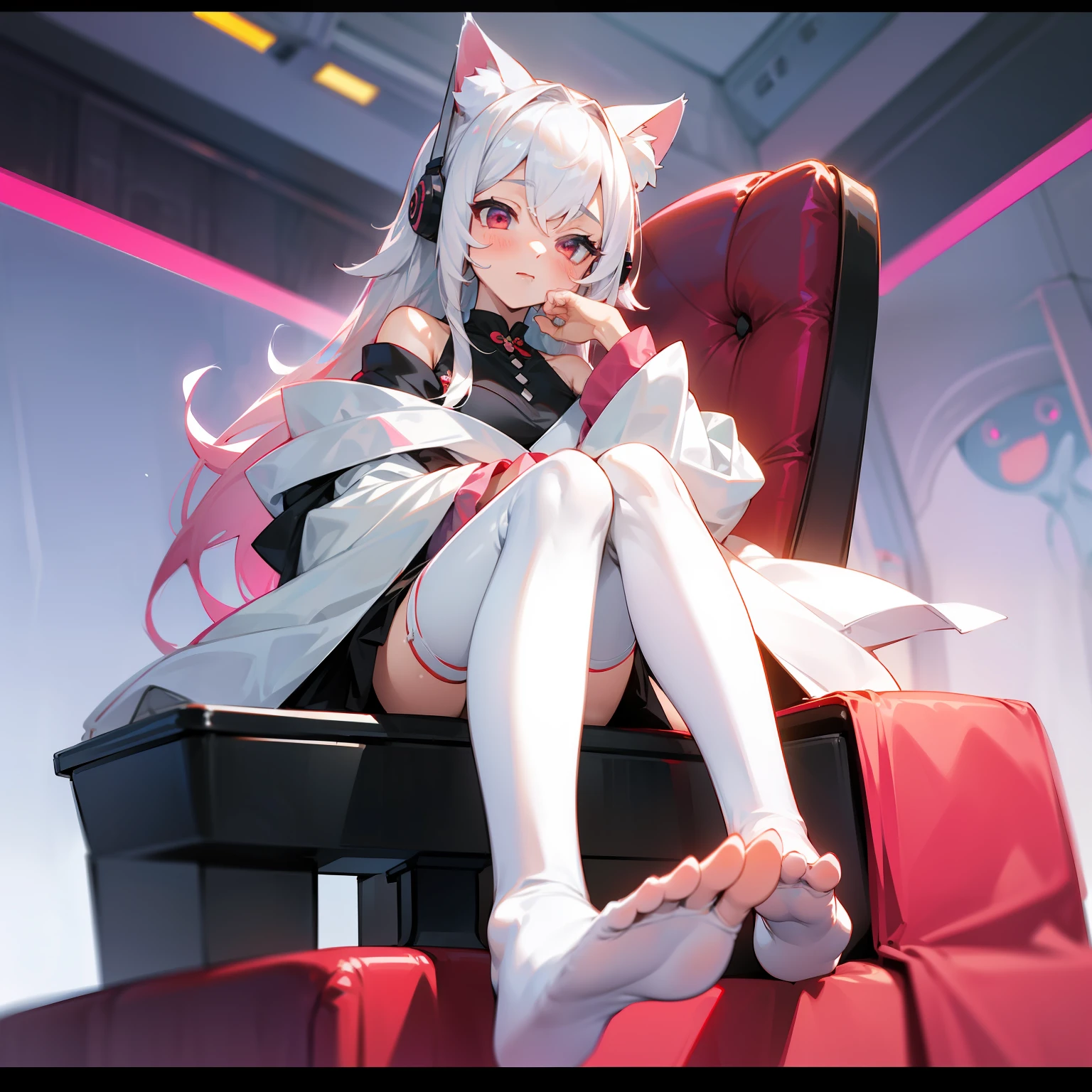 ((best qualtiy)), Beautiful portrait of a genki girl，Sweet girl，White hair，red color eyes，Japanese anime，adolable，Anime figure，detail-rich，show legs，expose feet，White slightly through knee stockings，without wearing shoes，There is a computer on the desk，Recline in a gaming chair，Wear cat ear headphones，Facial shyness，White off-the-shoulder coat，flower pots，The whole is pink style