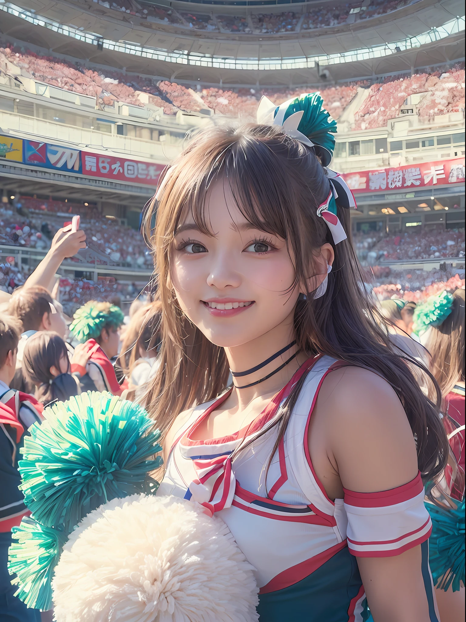 Alafed Asian cheerleaders posing dynamically with pom-poms in stadium:1 person:there is nobody else、a closeup、cosplay foto、Anime Cosplay、large full breasts、Raw photography, top-quality, hight resolution, (masterpiece), (Photorealsitic:1.4), professional photograpy, foco nítido, nffsw, 8K分辨率, intricate detailes, depth of fields, the Extremely Detailed CG Unity 8K Wallpapers, front lit, femele, girl with, beautiful supermodel, A smile、A slender、Small Cheer Uniform、Sailor suit style